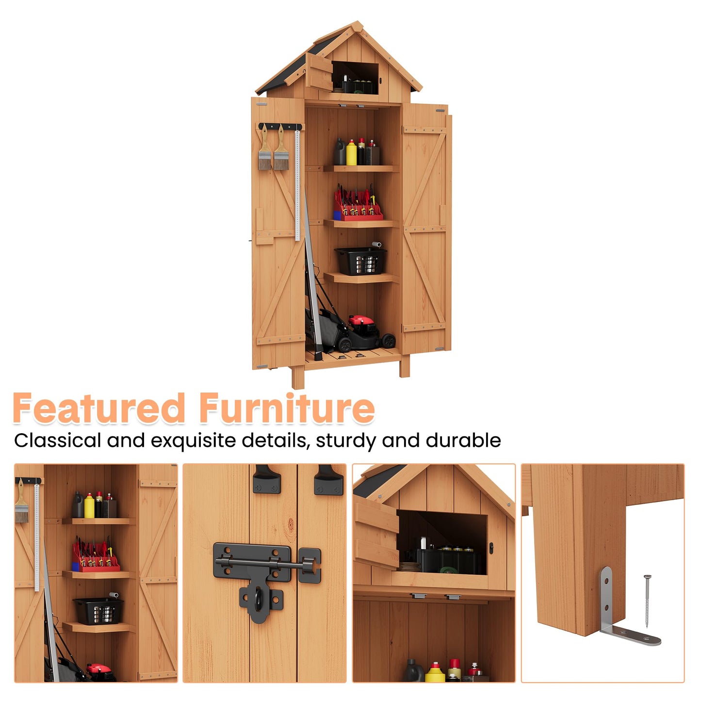 70in Tall Outdoor Storage Shed, Waterproof Wooden Garden Tool Shed with 4 Shelves and Lockable Doors, Vertical Outdoor Storage Cabinet for Patio Yard Lawn
