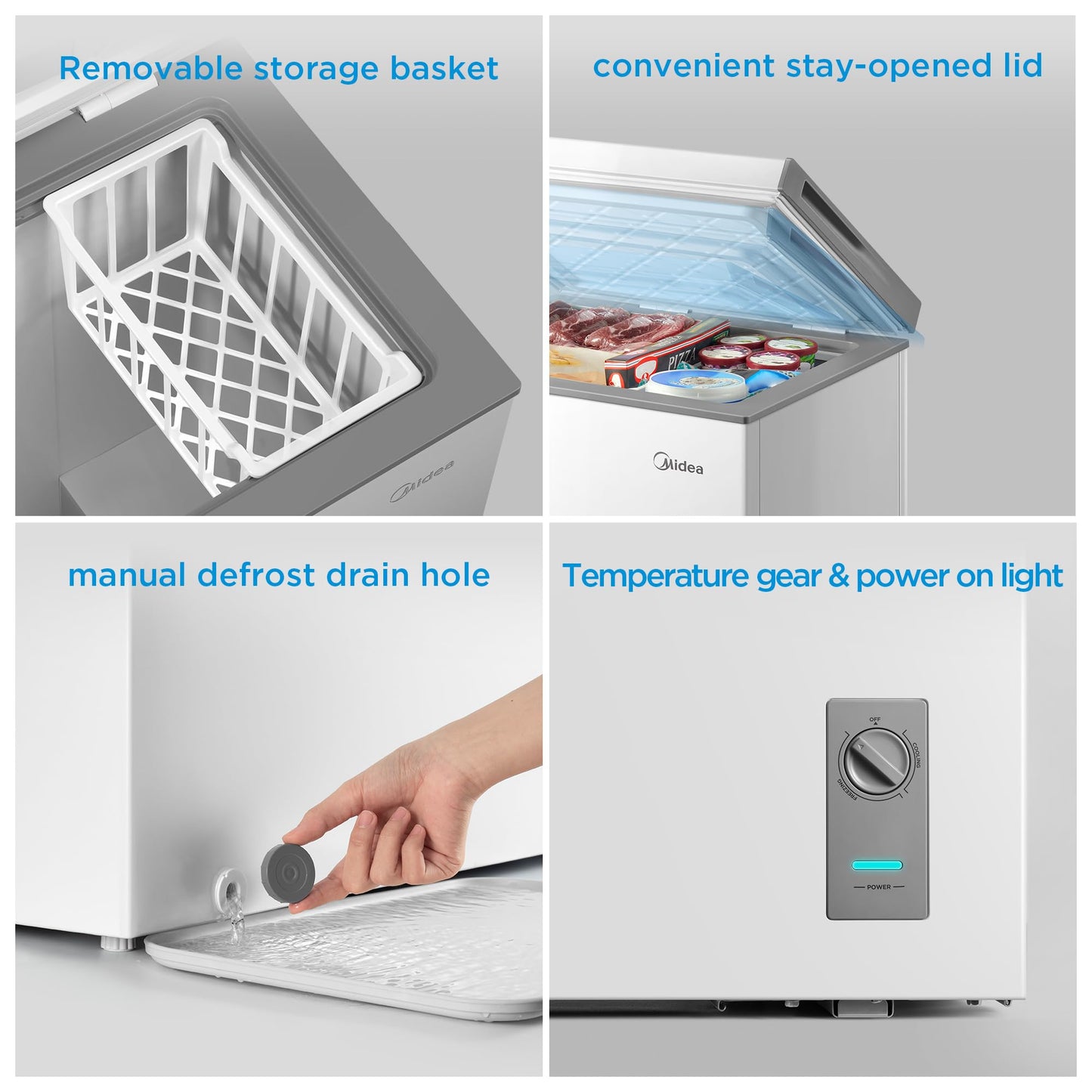 Midea MERC04C4BAWW Chest Freezer, 3.5 Cubic Feet Freezer With Removable Basket, Interior LED Light, Adjustable Temperature, For Kitchen Apartment Office, White