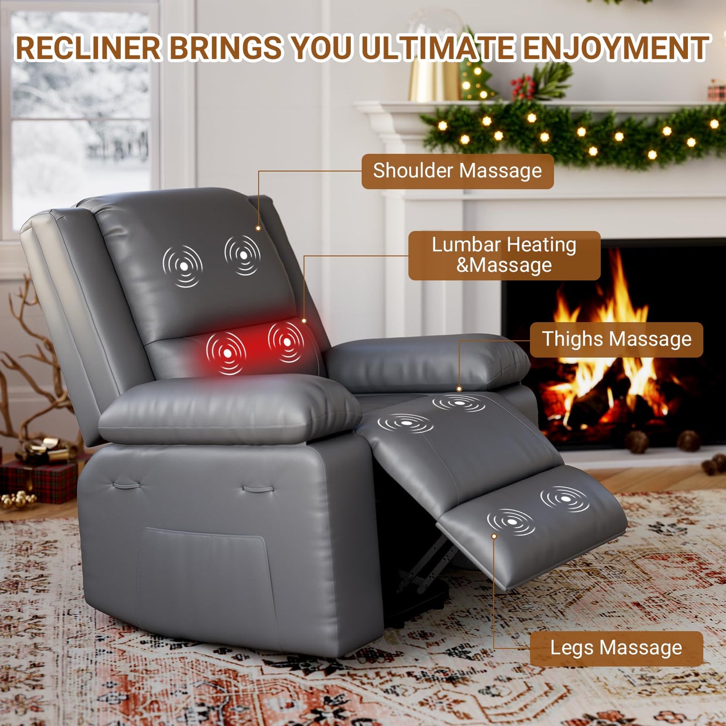 Electric Power Lift Recliner for Elderly, PU Leather Massage & Heat Recliner Chair with Remote Control, Side Pocket, Comfort for Seniors & Limited Mobility – MS Grey