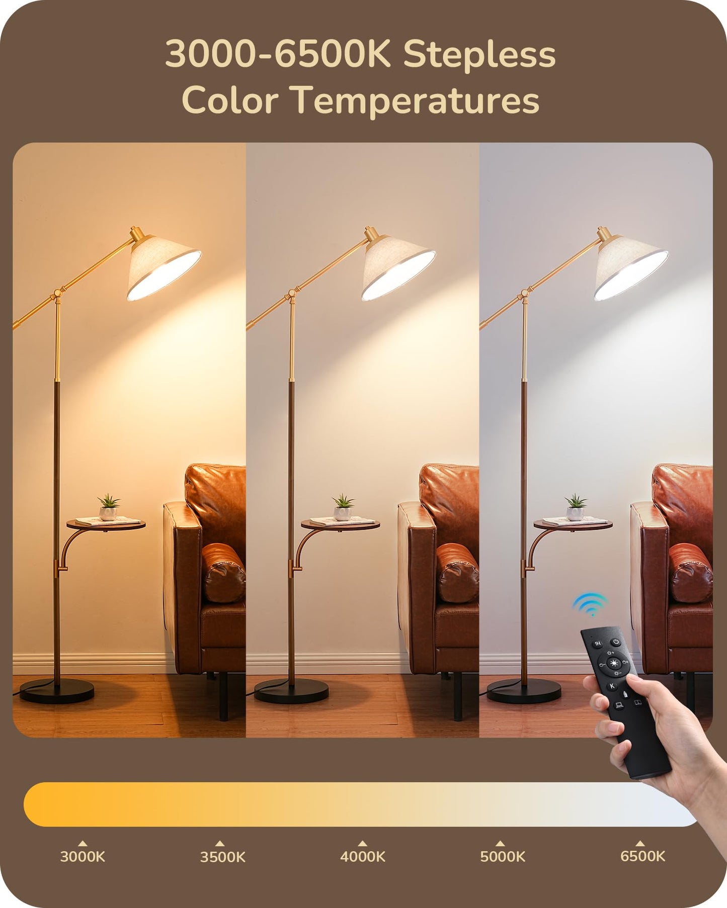 EDISHINE 68in Arc Floor Lamp, Vintage Standing Lamp with Beige Shade, Remote Dimmable Bulb, Walnut Wood Grain, Model HFLEF1