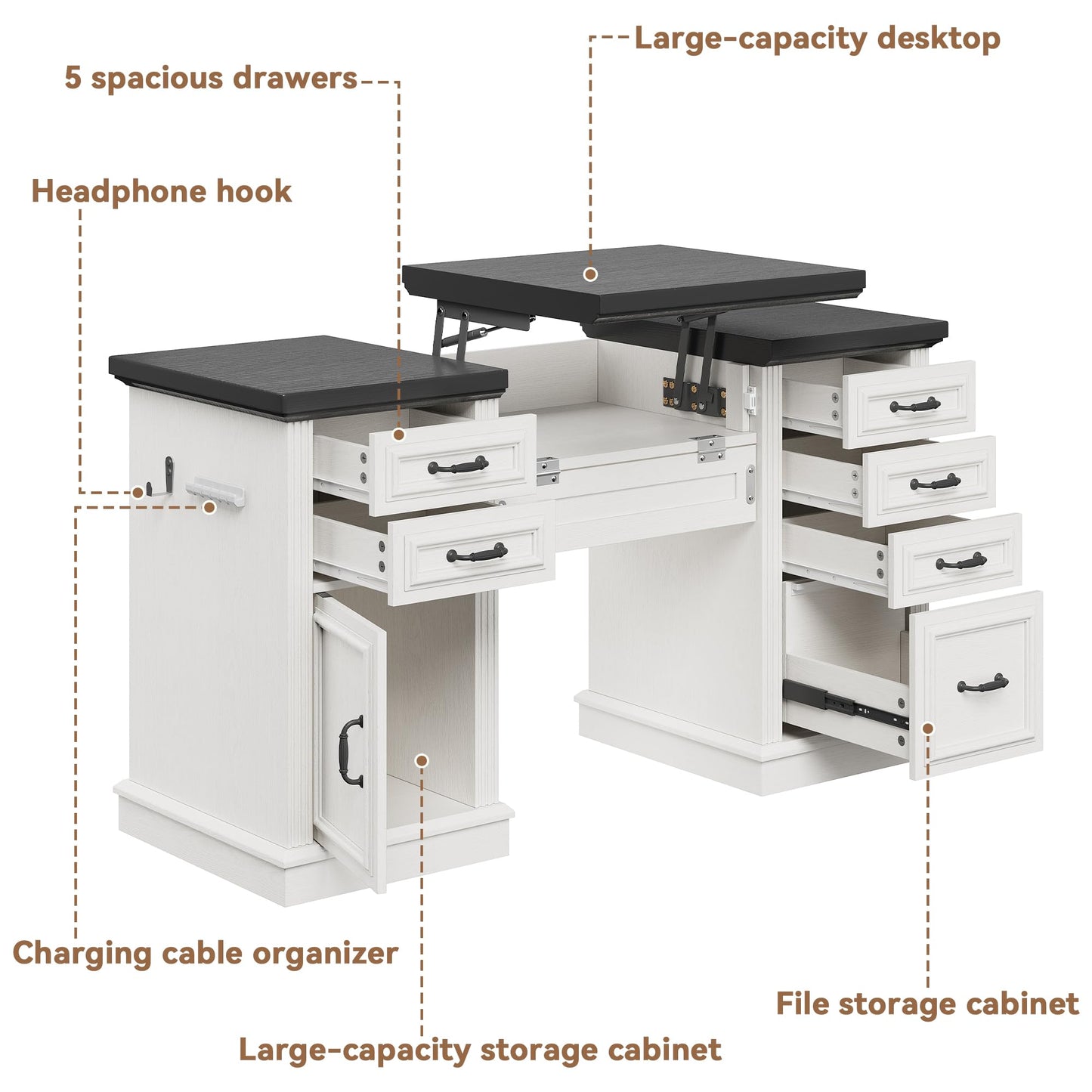 Jocoevol 57" Lift Executive Desk with Drawers, Farmhouse Home Office Desk with File Cabinet Storage, Computer Desk with Charging Station & Headphone Hook for Work/Study/Writing (White & Black, Lift)