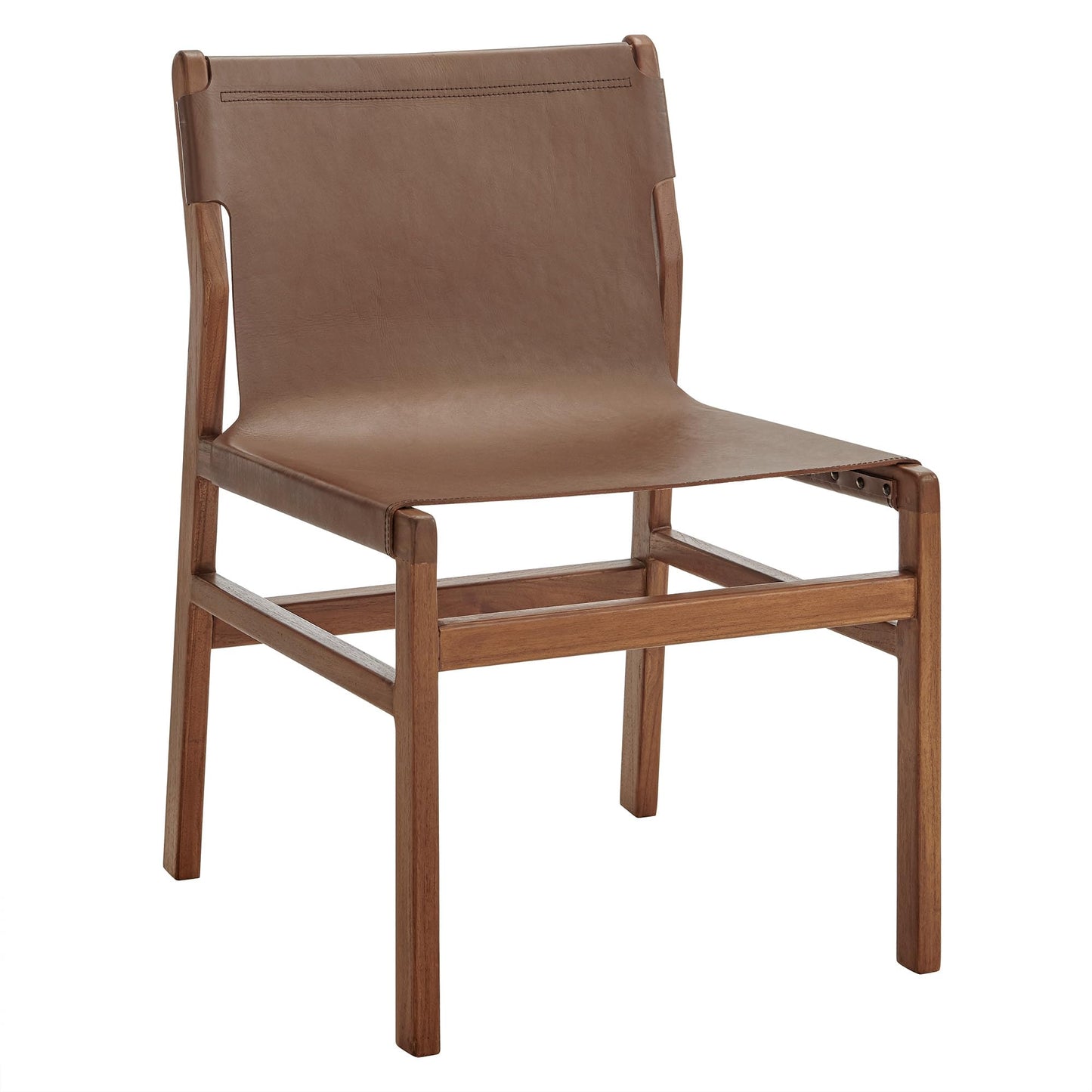 Modway Sonora Leather Dining Side Chair in Nutmeg Brown – Mid Century Modern Armless Accent Chair with Teak Wood Frame for Dining Room, Office, or Entryway