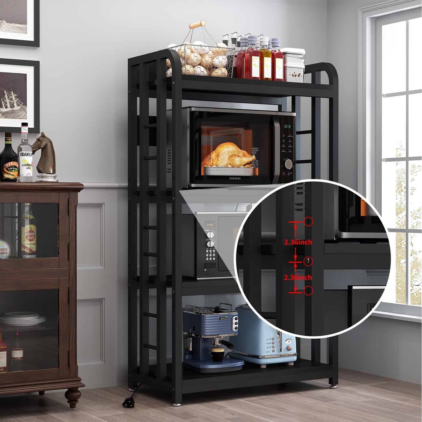 Bakers Rack with Power Outlet ，Microwave Stand 4-Tier Kitchen Baker's Rack, Free Standing Baker's Rack Kitchen Stands with Storage Suitable for Kitchen, Living Room, Dinning Room，Coffee Bar (Black)
