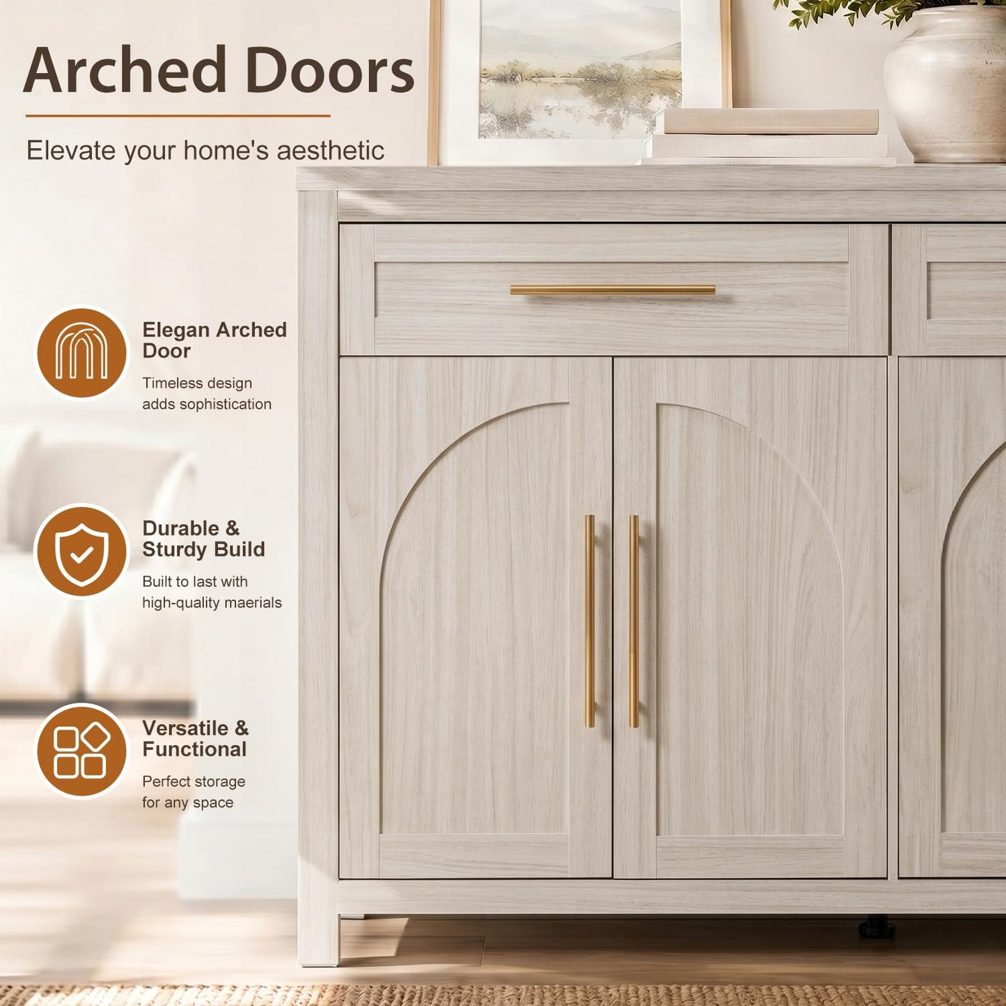 FNeL Mid-Century Modern Arched Sideboard, 55" Buffet Cabinet with Storage, 4-Door Accent Cabinet, Long Sideboard Buffet Table for Kitchen, Living Room, White