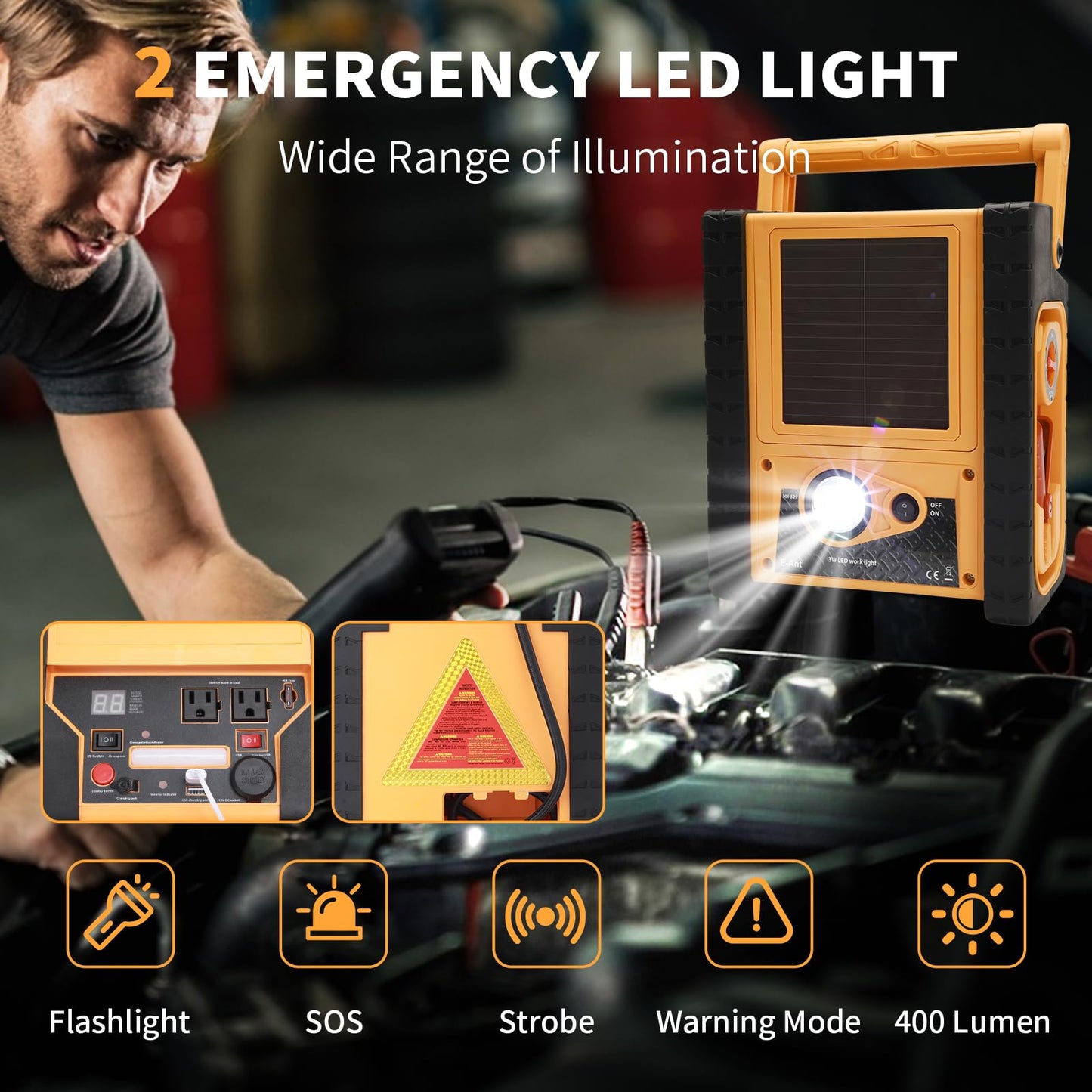 E-Ant 2000A Peak Car Jump Starter with Air Compressor, 260 PSI Portable Air Compressor Tire Inflator, Heavy Duty 12V Jump Box Battery Charger Booster for Truck with 400W Power Inverter, Flashlights