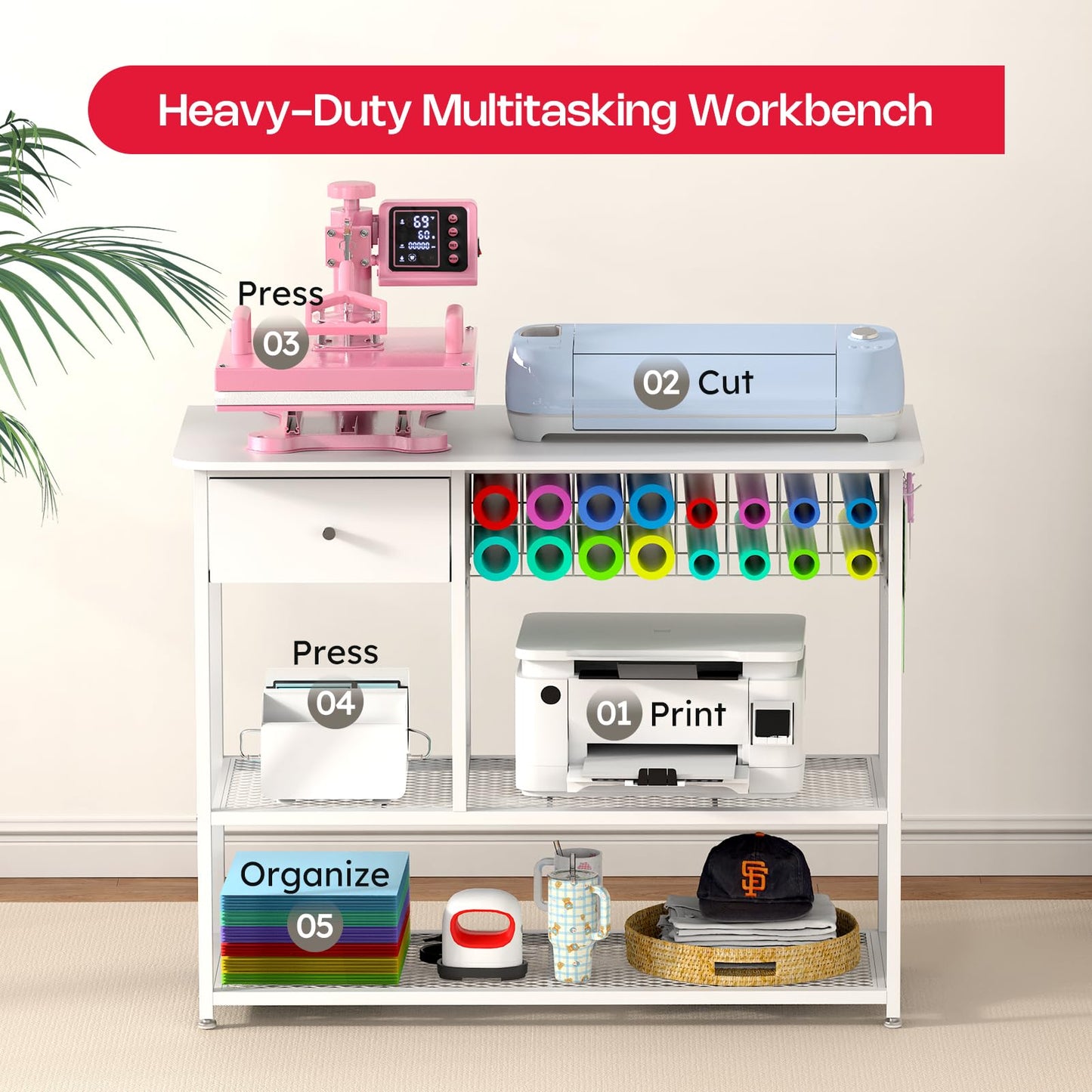 Crafit Extra Large Heat Press Table, Heat Press Stand Desk Cart with Vinyl Storage, Multi-Purpose Heavy Duty Metal Workbench for DIY Sublimation, T-Shirts Caps Mug & Tumbler Heat Transfer Projects