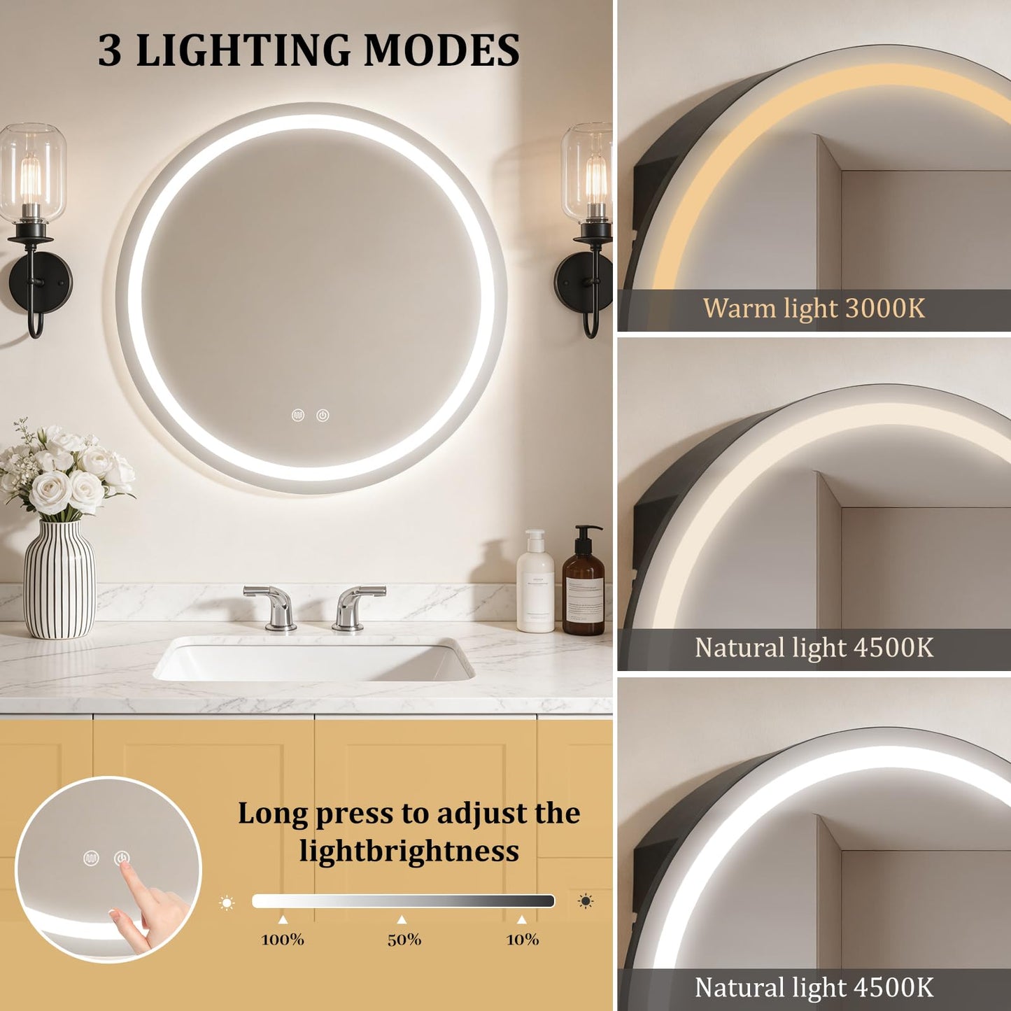 WallBeyond 24 in Round LED Medicine Cabinet with Mirror, Black Bathroom Cabinet with Storage, 3 Color Stepless Dimmable Lights, Anti-Fog, Memory Function, Hardwired, Surface Mount