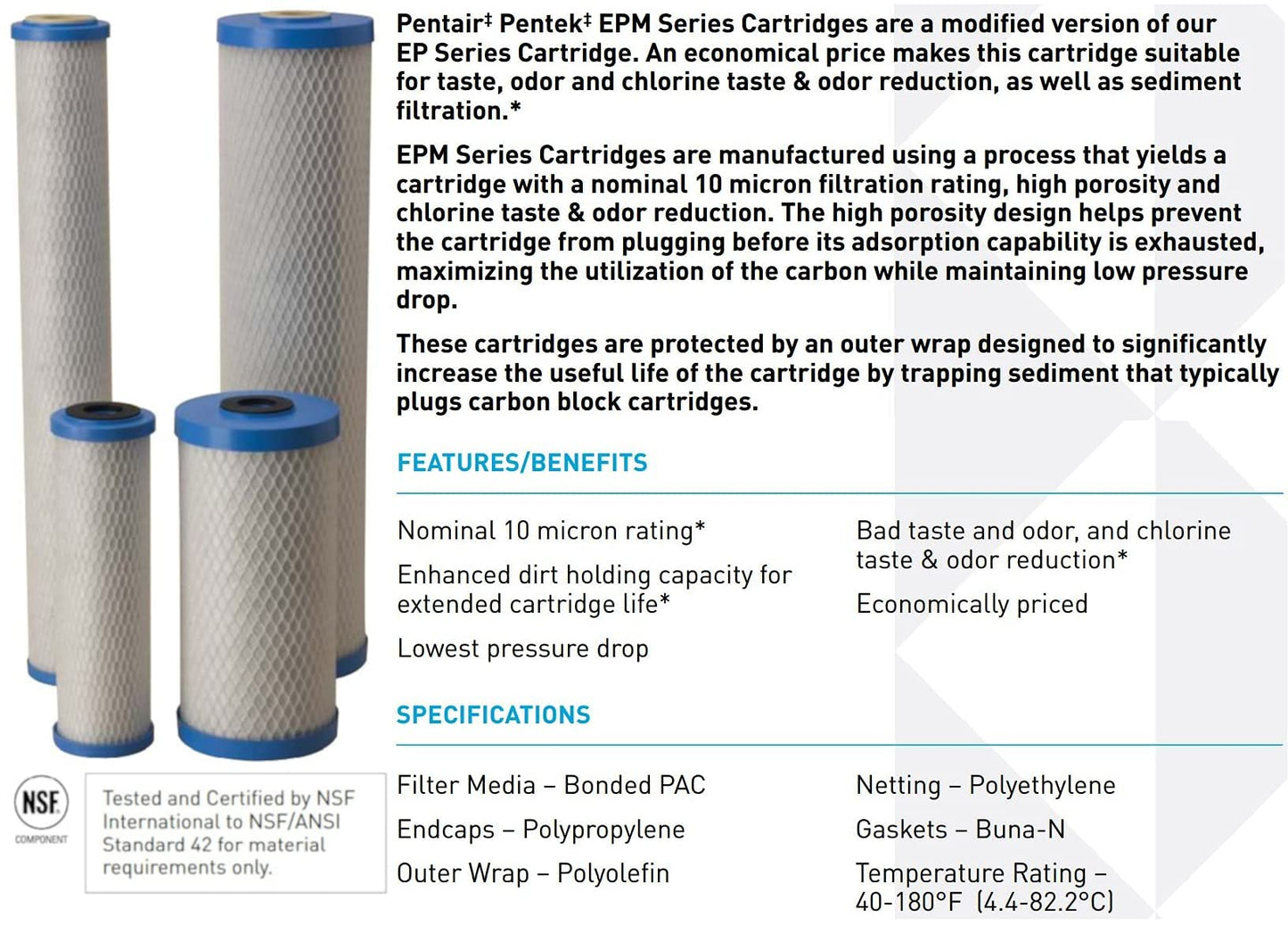 Pentair Pentek EPM-20BB Big Blue Carbon Block Water Filter, 20" x 4.5", 10 Micron, Bonded PAC, Chlorine Taste & Odor Reduction, 30,000 Gallon Capacity, Pack of 4