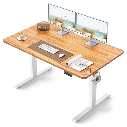 BANTI 55 × 28 Inches Standing Desk, Ergonomic, Electric Height Adjustable, Sit and Stand Up, Computer Desk with a Deeper Desktop, White Frame/Light Rustic Top