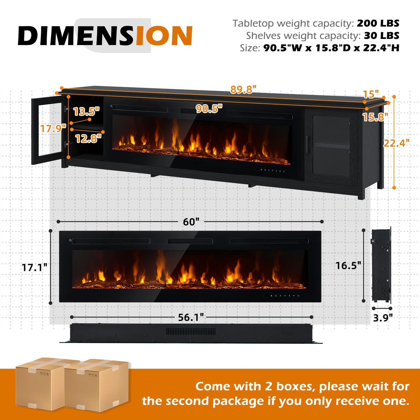 MXV 90" Fireplace TV Stand, Modern Entertainment Center with 60 Inch Electric Fireplace, Adjustable Shelf & Glass Door, Fire Place TV Console for Living Room, Black