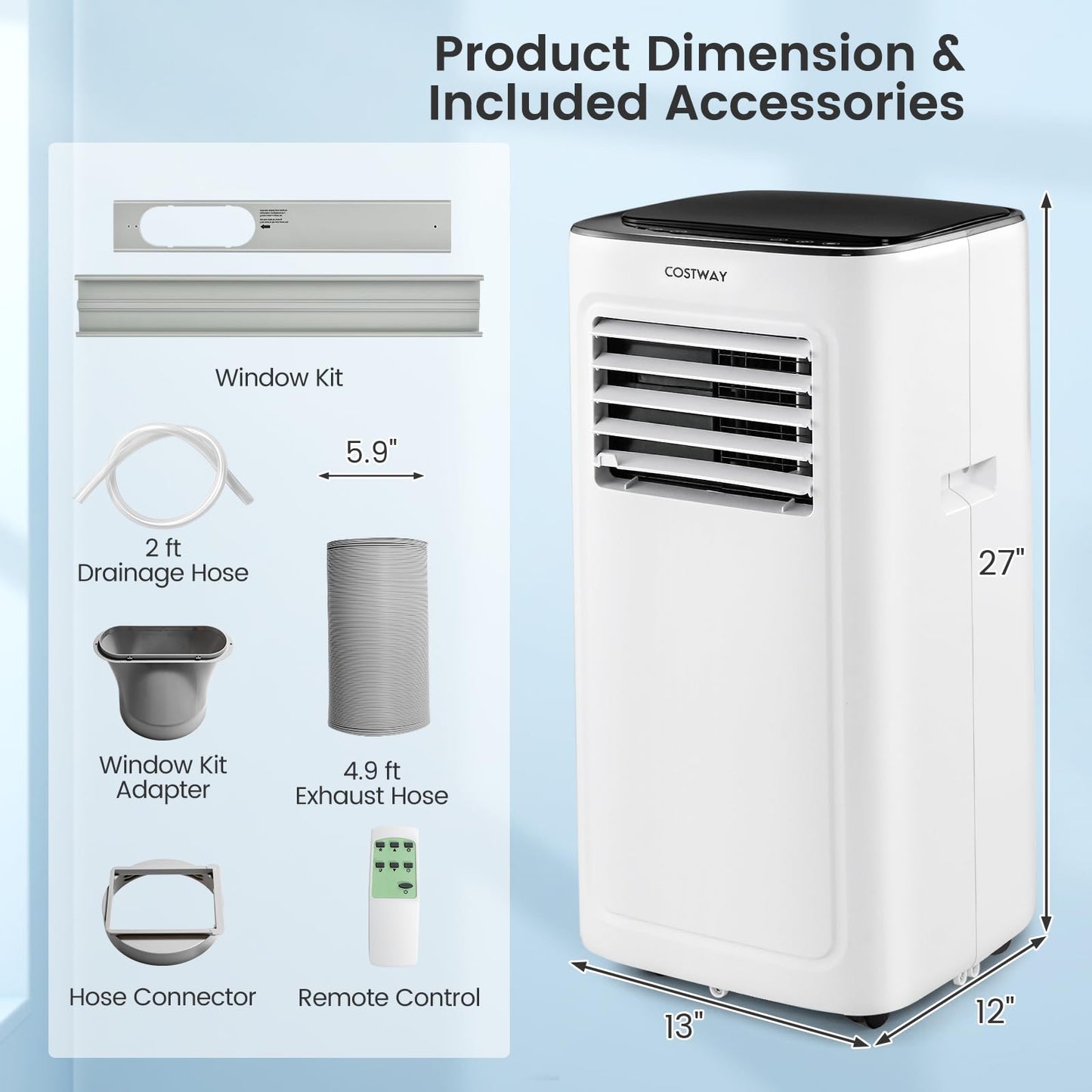 COSTWAY Portable Air Conditioner, 9000 BTU Portable AC with Built-in Dehumidifier, 24H Timer, Smart Sleep Mode, LED Touch Panel for Cooling Rooms up to 280 Sq.Ft, Remote Control & Window Kit Included