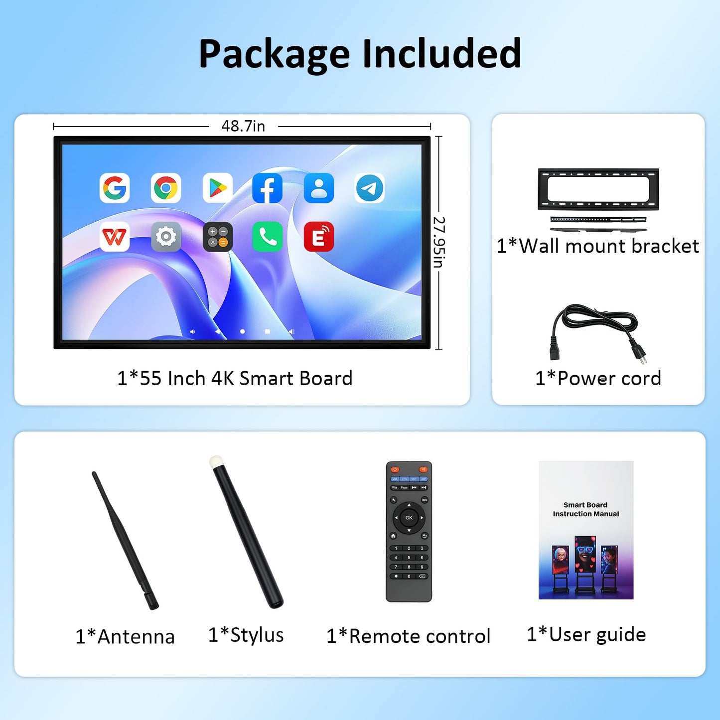 55" Smart Board, Electronic Interactive Smartboard for Classroom, Screen Mirroring, Android iOS 12, Digital Whiteboard for Presention Annotation Live Streaming(Wall Mount Included)