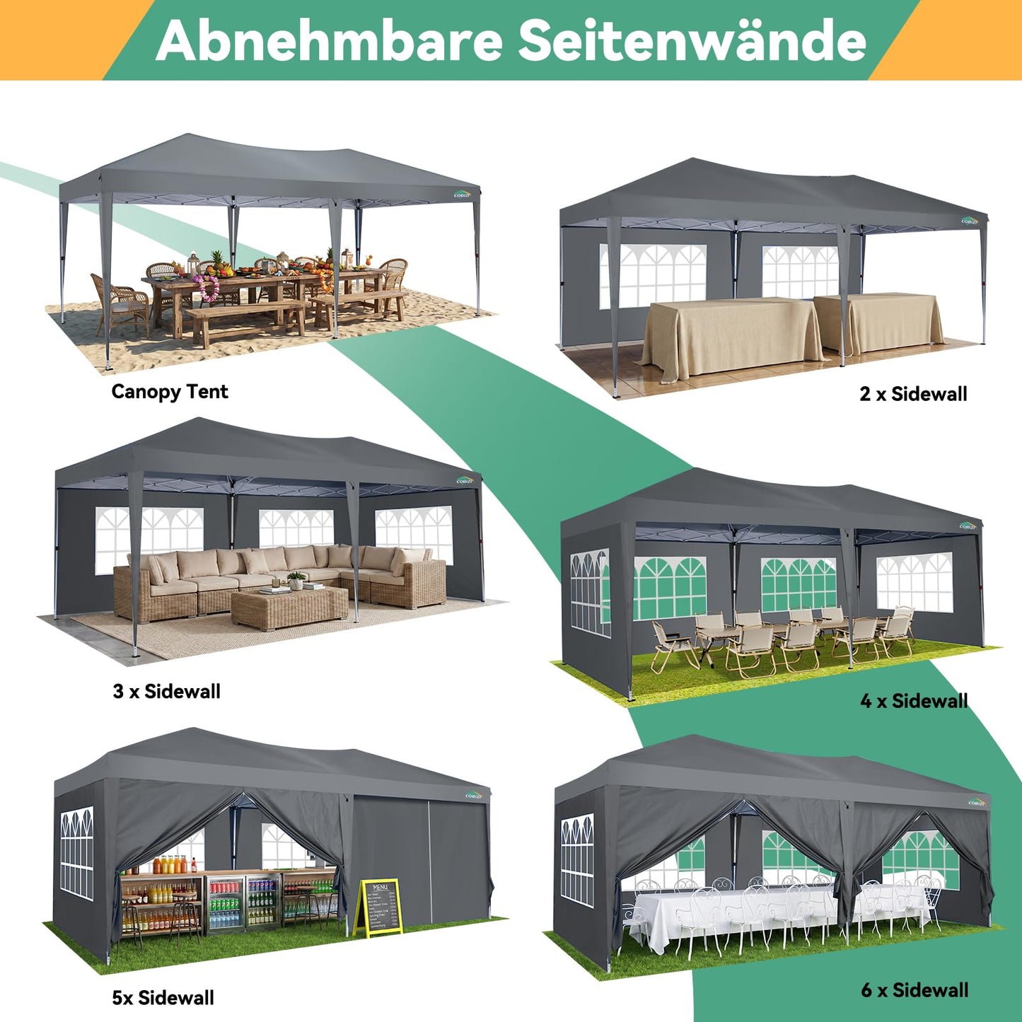 COBIZI 10x20 FT Pop up Canopy Tent with Sidewalls, Party Tents for Parties, Carpas para Fiestas, Easy Set Large Outdoor Popup Patio Gazebo for Backyard,Weddings,Vendor,Commercial Event,Gray (Upgrade)