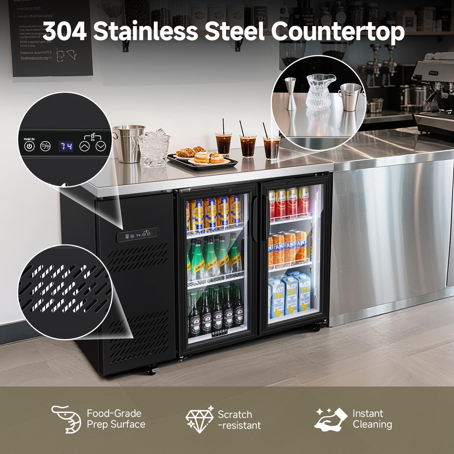 BODEGACOOLER Commercial Back Bar Cooler with 2 Glass Doors,12 Cu.Ft Stainless Steel Commercial Counter Height Bar Refrigerator,Display Drink Beverage Beer Fridge LED Lighting,SUS304 Top,4 Casters