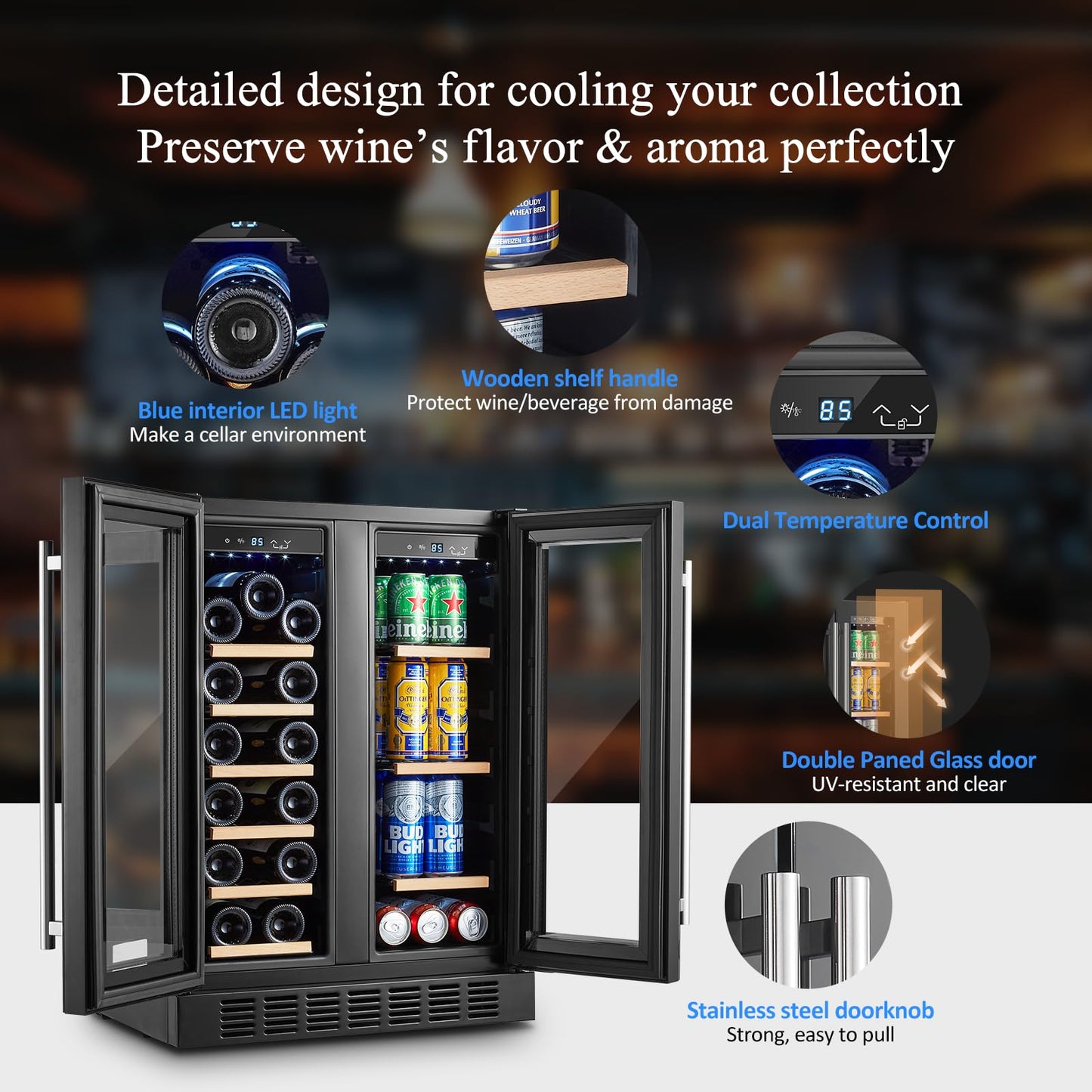 BODEGACOOLER Wine and Beverage Refrigerator, 24 Inch Dual Zone Beveage Fridge, Freestanding Wine Fridge, Under Counter Beverage Cooler With Glass Door with LED Light for Bar,Home Use,Club,Kitchen