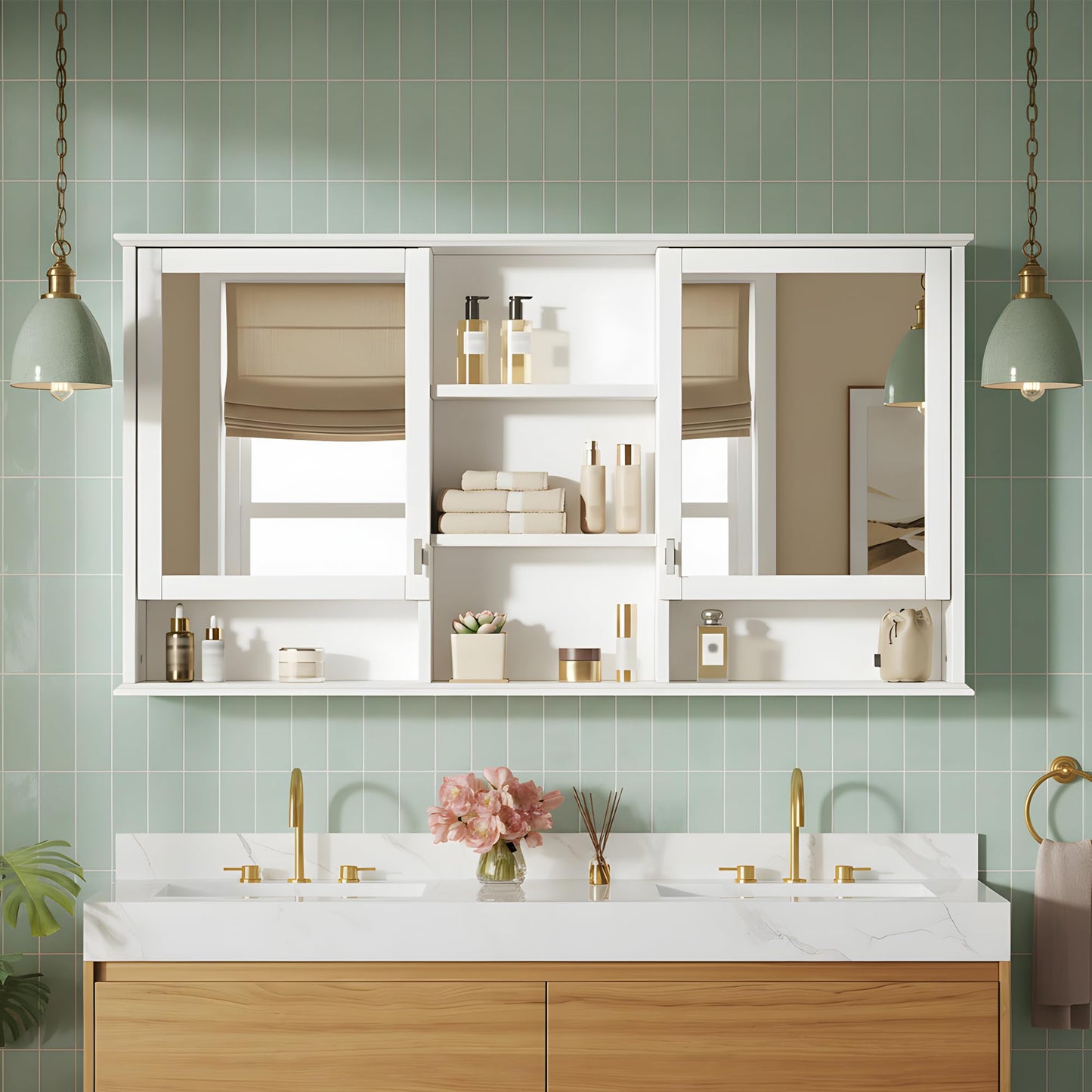 Marzzi 55"x28" Bathroom Medicine Cabinet with Mirror, Wall Mounted Bathroom Storage Organizer with 5 Open Shelves & Adjustable Interior for Master Bath & Power Room, Painted Finish