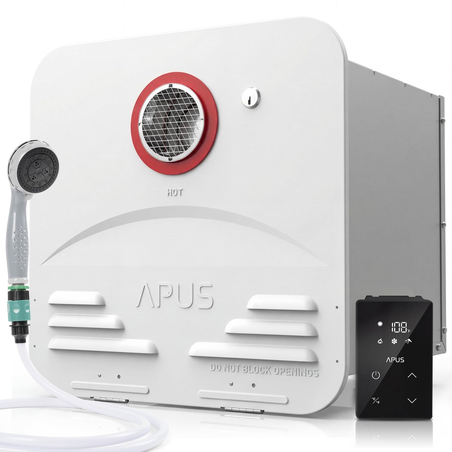 APUS RV Tankless Water Heater, 68,000 BTU Propane Gas On Demand Hot Water with White Door&Remote, 12V, 3.9 GPM, High Altitude Ready, CSA Certified, Compatible with All RVs,Ideal for RV Family & Camper