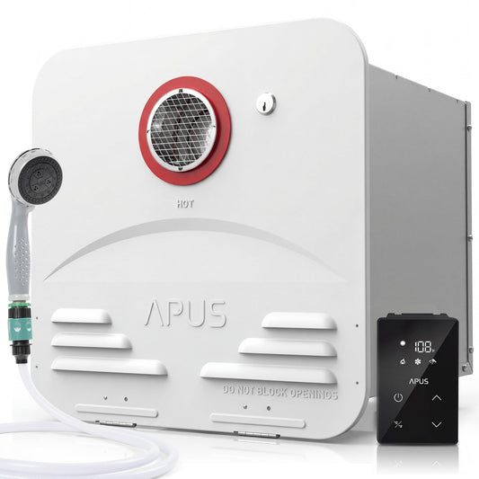 APUS RV Tankless Water Heater, 68,000 BTU Propane Gas On Demand Hot Water with White Door&Remote, 12V, 3.9 GPM, High Altitude Ready, CSA Certified, Compatible with All RVs,Ideal for RV Family & Camper