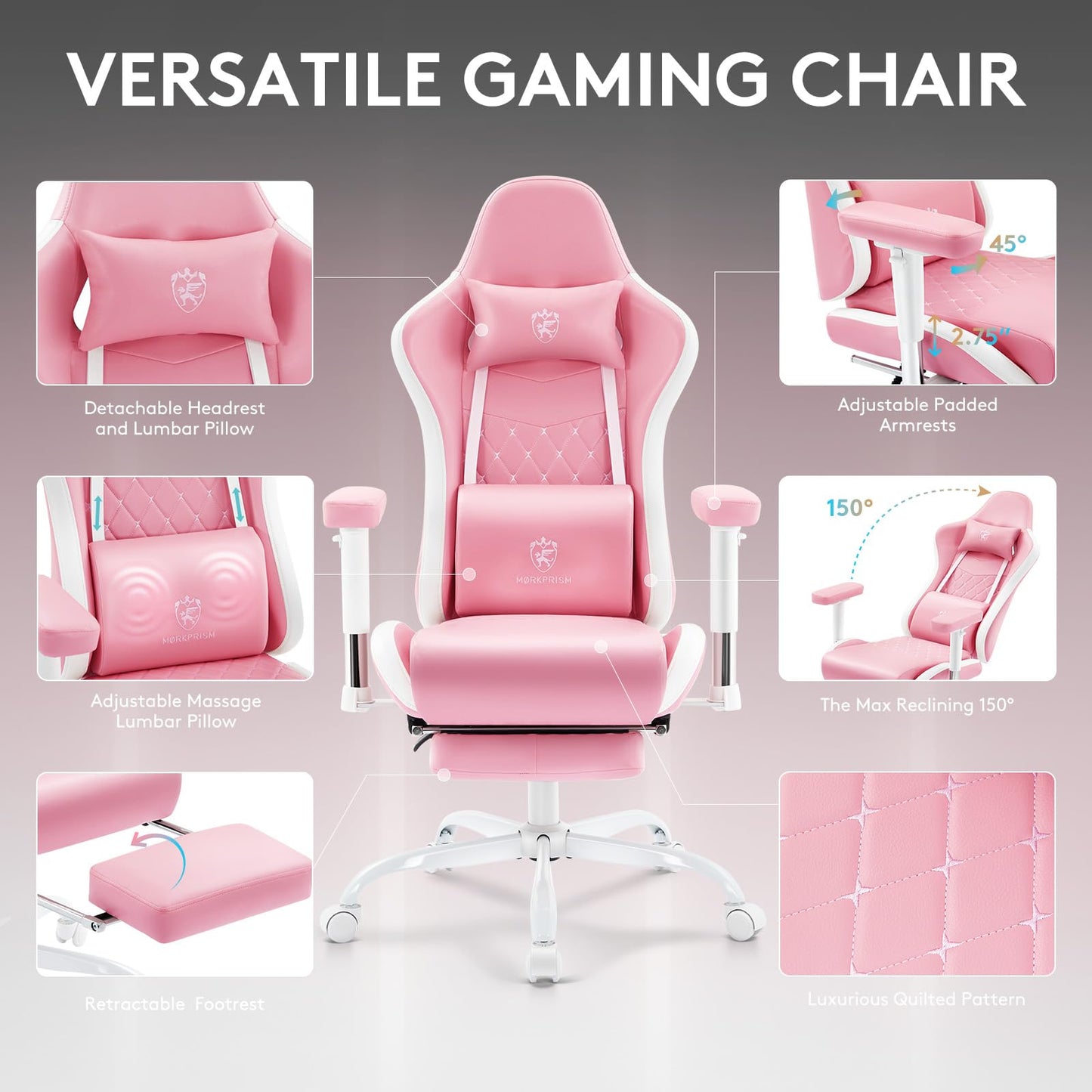 Morkprism Gaming Chair,Computer Office Chair with Footrest,Massage Lumbar Support and Gel Pad,Ergonomic Reclining Leather Gamer Chair with Headrest,Adjustable Armrests and Spring Cushion Pink