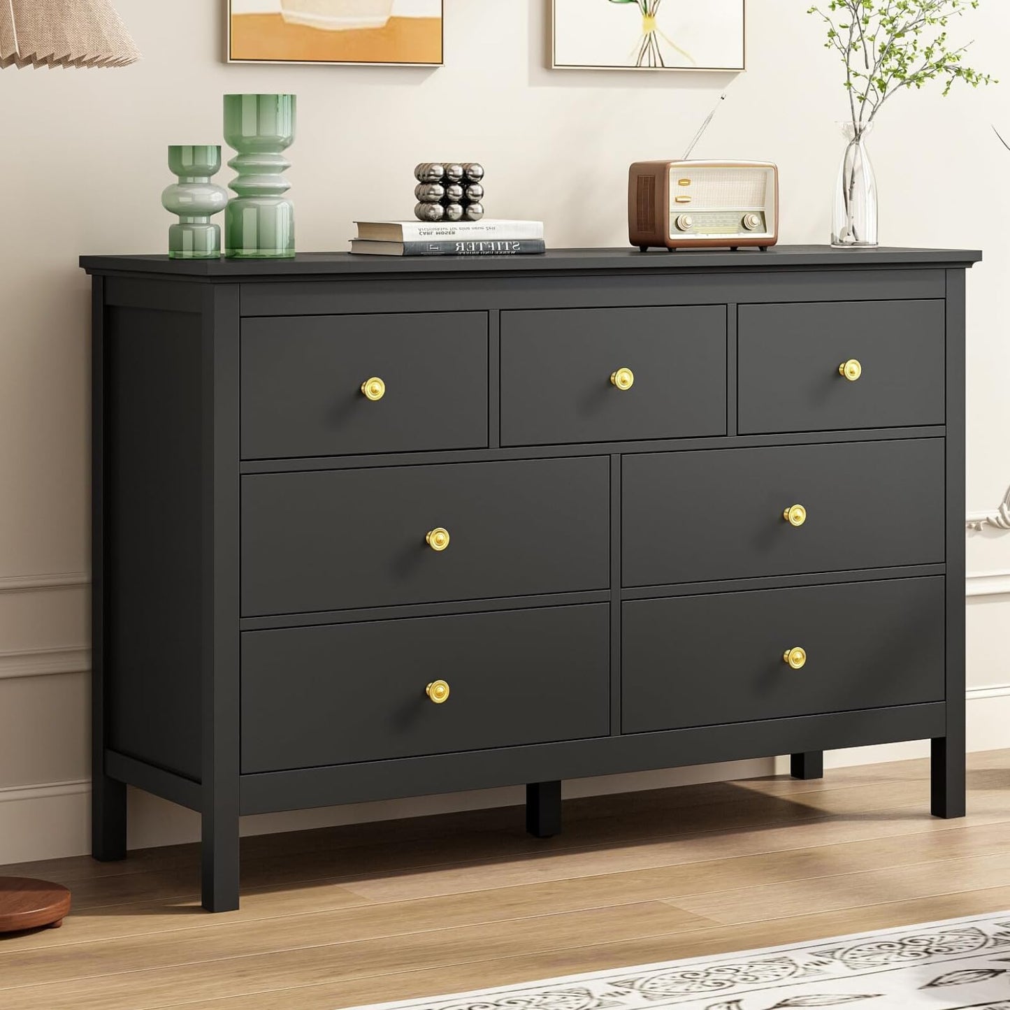 LYNSOM Black Dresser for Bedroom with 7 Drawers, 47'' Wide Modern Chest of Drawer with Gold Handles, Wood Storage Dresser TV Stand Dressers for Closet, Living Room, Kids Room, Entryway