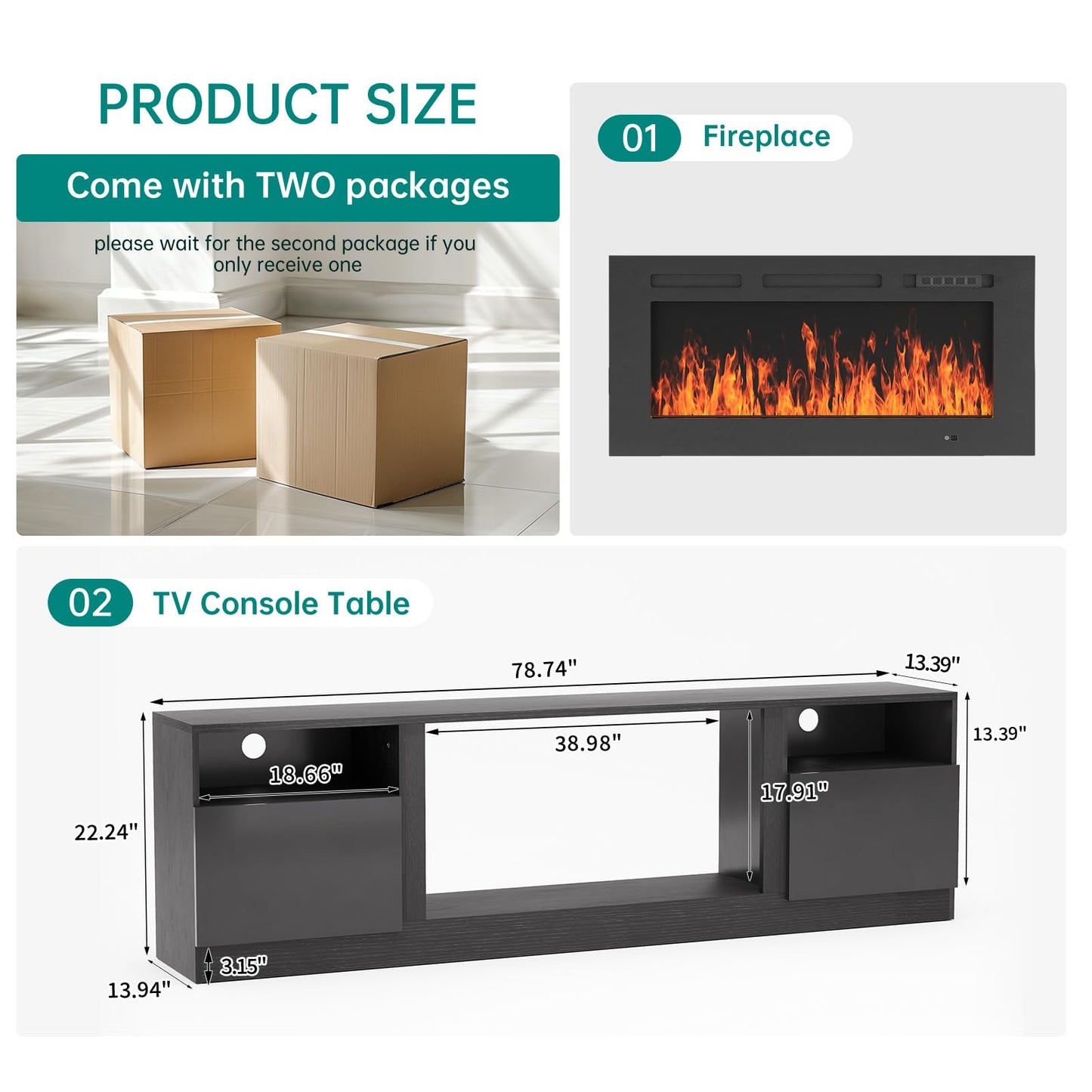 MXV 80" Fireplace TV Stand for TVs Up to 90", LED Light Entertainment Center with 36" Electric Fireplace, Modern Wood Texture TV Media Console with Highlight Storage Cabinet, Black+Black