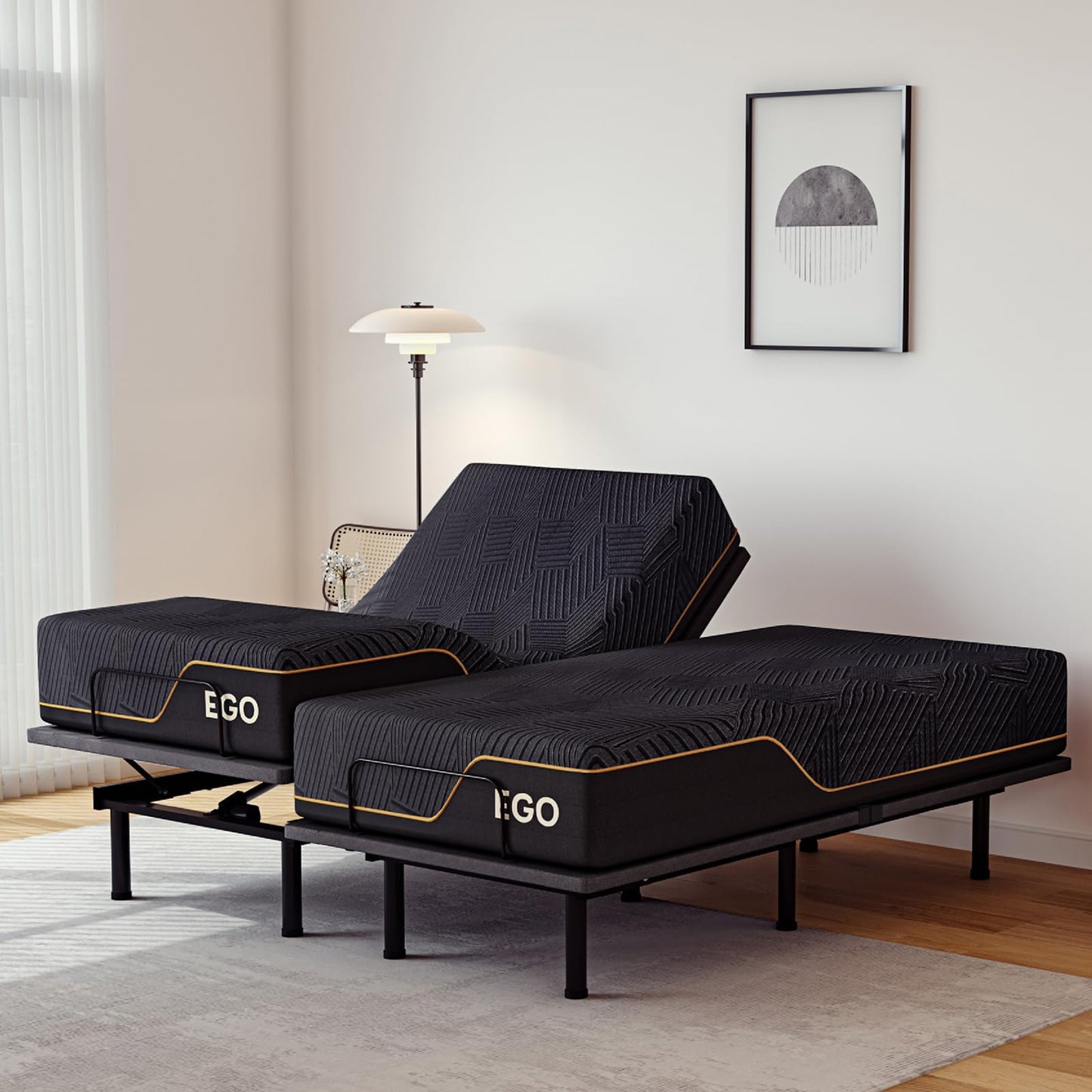 MLILY EGOHOME Split King Adjustable Bed Frame and 14 inch Memory Foam Mattress, Wireless Remote Adjustable Bed Base with 12" Adjustable Legs and Head and Foot Incline, Zero Gravity, Easy Assembly