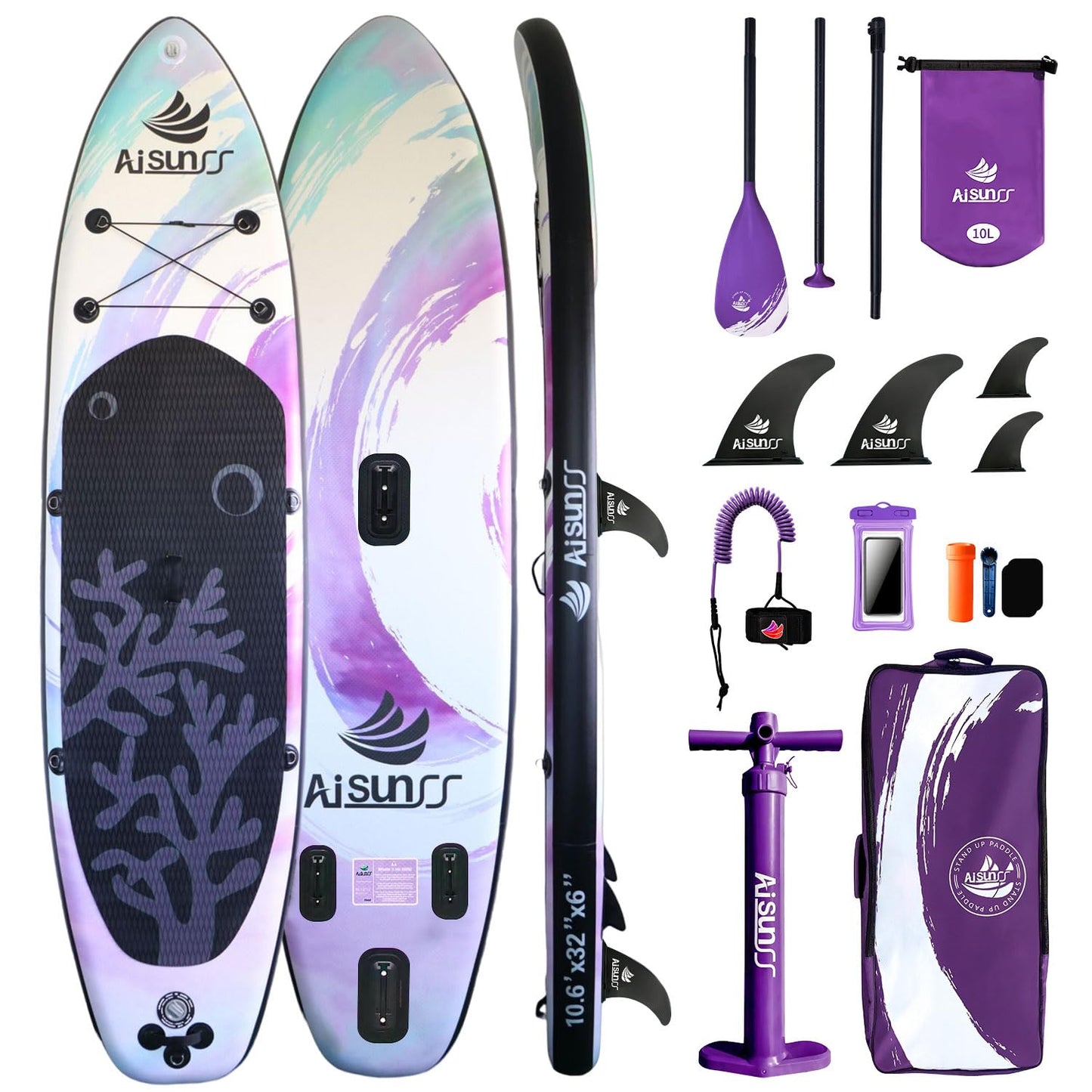AISUNSS Inflatable Paddle Board for Adult, Paddle Board for All Skill Levels, Wide SUP Board with Primium Accessories Include SUP Carry Bag, Hand Pump, 10L Waterproof Bag