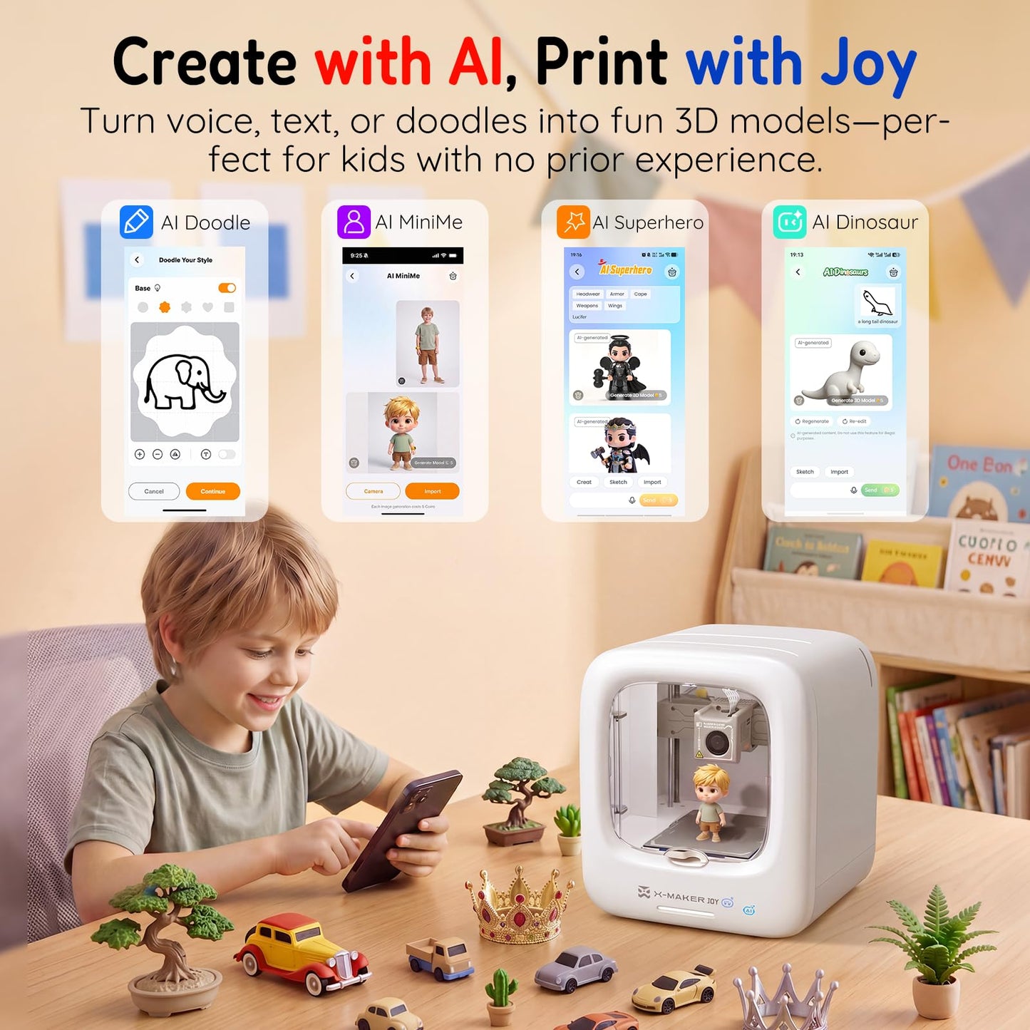 AOSEED 3D Printer for Kids, Fully Assembled AI 3D Printer with 8,000+ Models & 17+ Modules, 400mm/s High Speed, Leveling Free, STEM Toy Gift with 1 PLA Filament for Home & School, X-Maker Joy AI+
