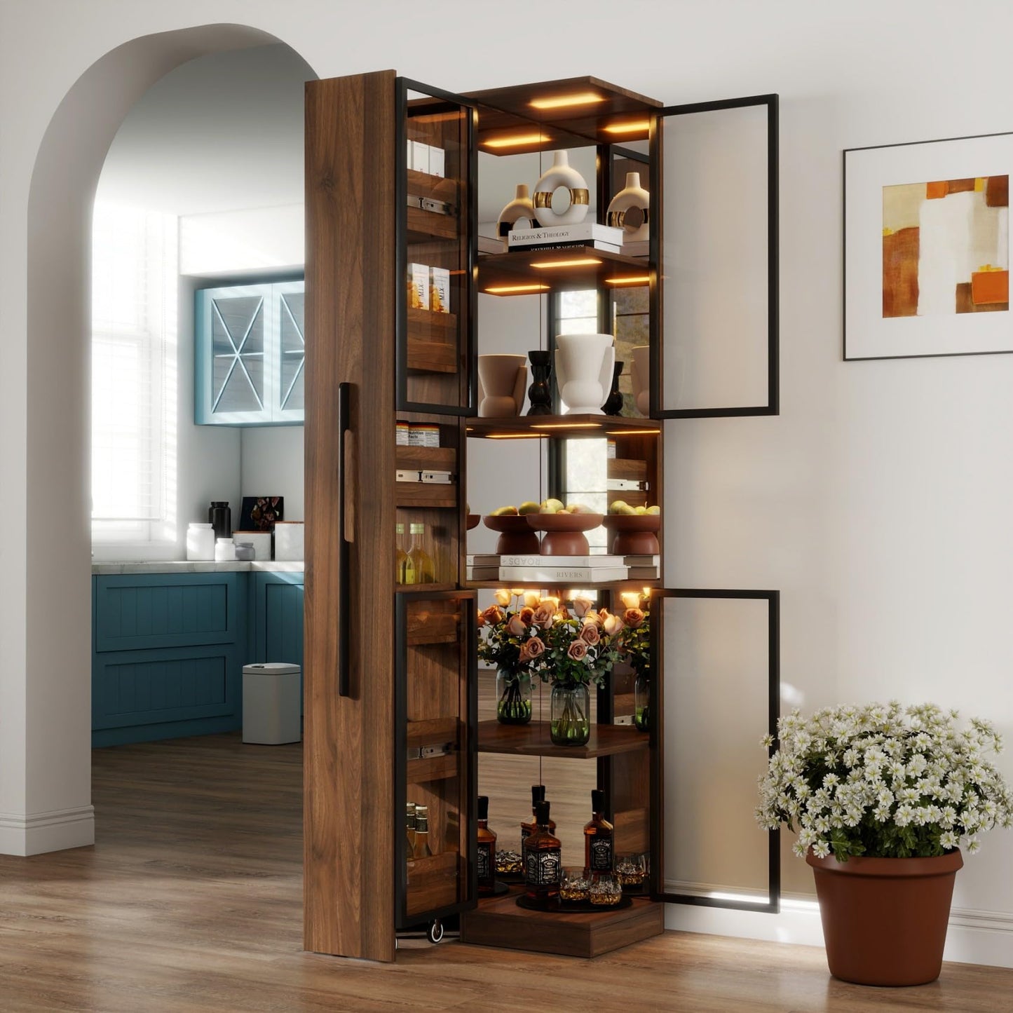 KEIKI 70" H Glass Display Storage Cabinet with Pull-Out Multi-Tier Shelf & LED Lights, Multi-Functional Curio China Collectibles Book Case Shelves Bookcase for Living Room, Home Office, Bedroom