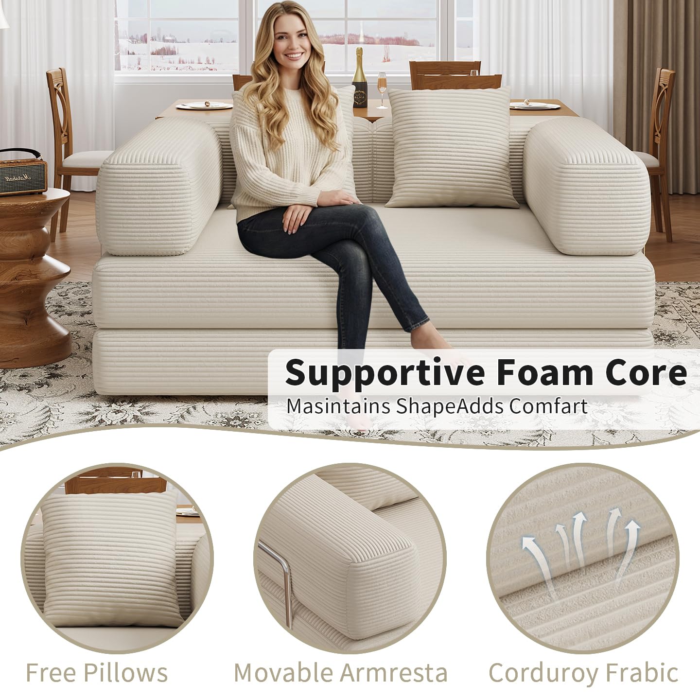4 in 1 Convertible Sofas Boneless Couches with 2 Pillow, Modern Corduroy Futon Bed, Modular Queen Sofa with Pull-Out Bed, LoveSeat for Living Room, Small Space Apartment (Beige, 53.15"Double Sofa)