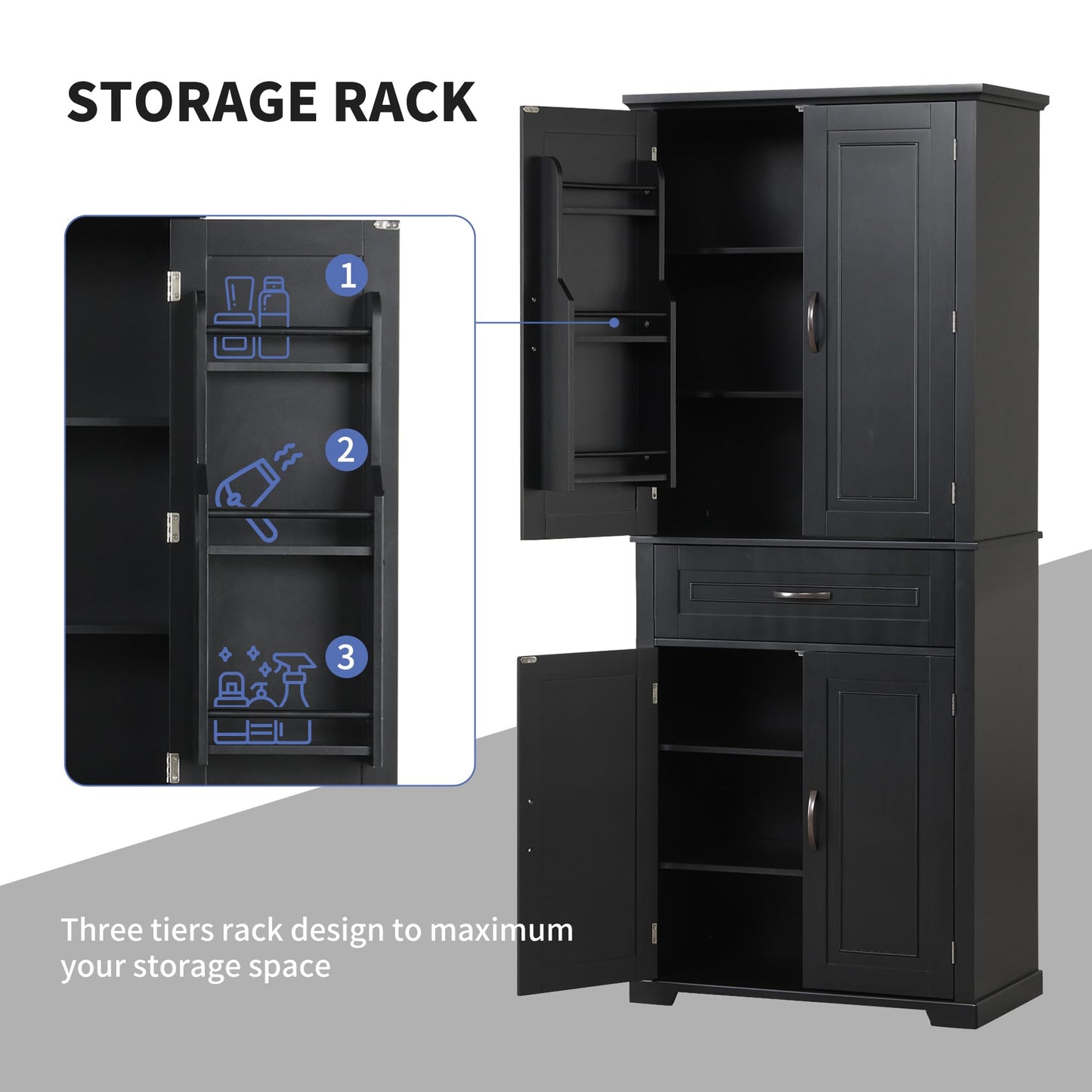 Storage Cabinet with 4 Doors and Drawers, 72.2" H Kitchen Cabinet with 6 Door Shelves, Kitchen Storage Cabinets with Adjustable Shelves for Living Room, Black
