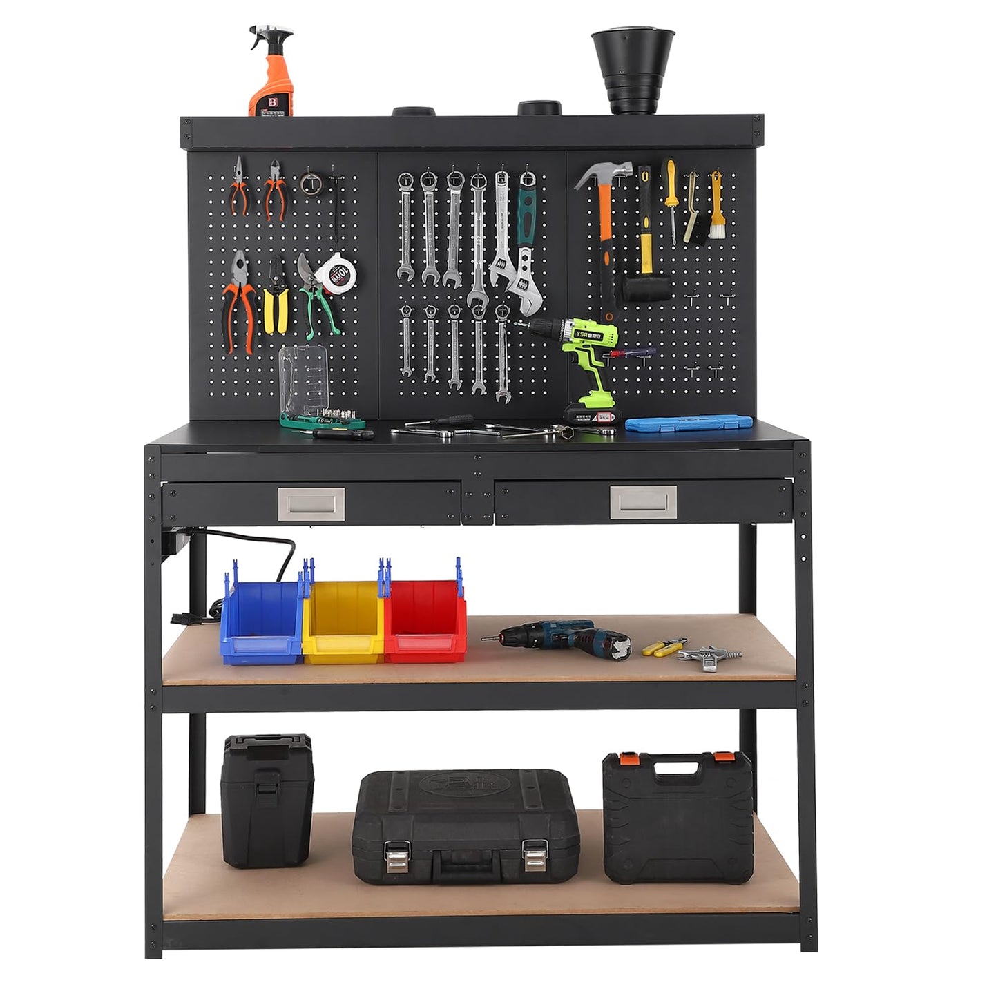 Workbench with Pegboard, 48" x 24" Heavy Duty Work Bench with 2 Large Drawers and 2 Storage Shelves, Garage Tool Organizer with Power Outlets for Workshop, Warehouse, Basement, Home