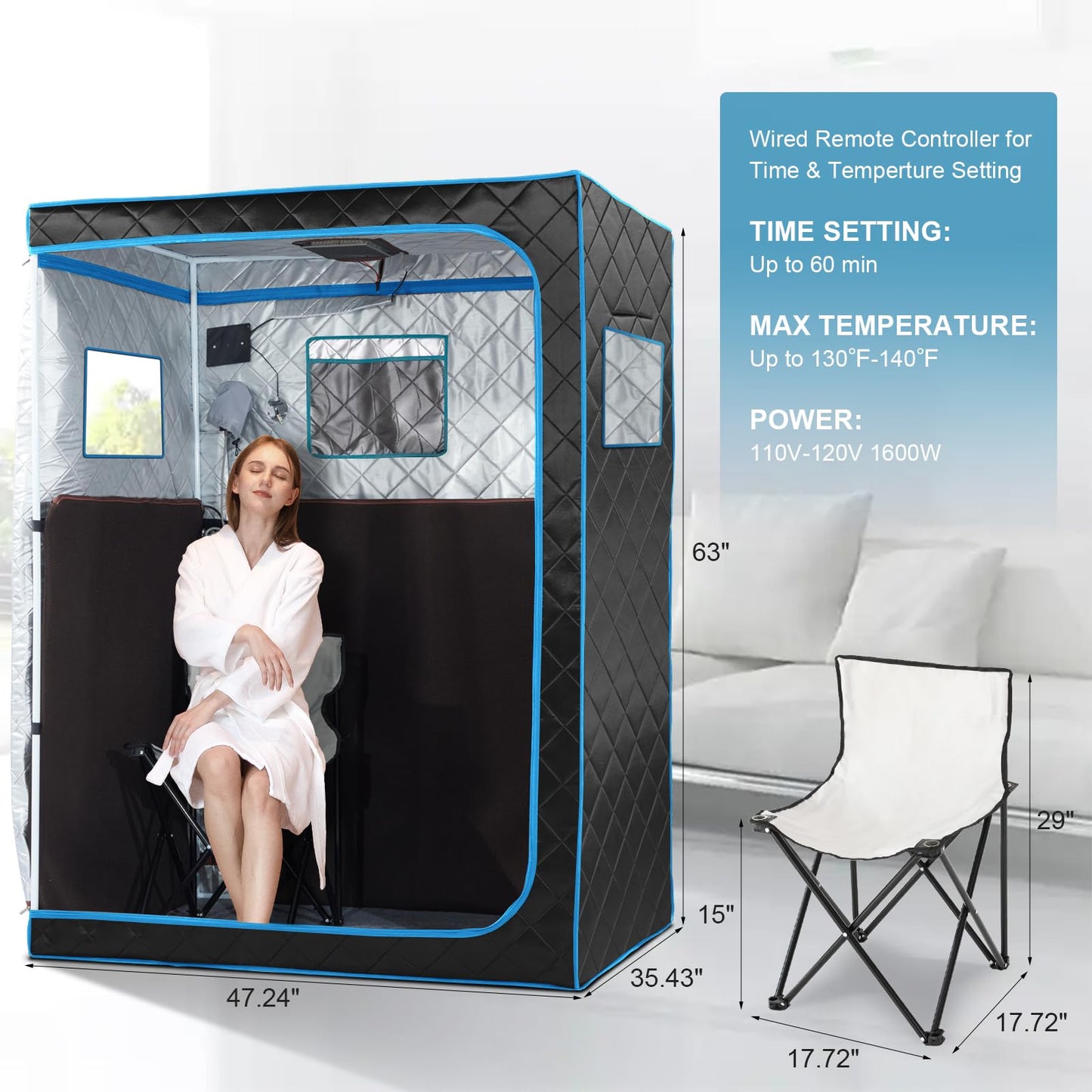 amocane 2 Person Portable Infrared Sauna, Oversize Personal Dry Saunas Tent for Home with Remote Control, Full Size Indoor Sauna Spa for Relaxation & Detox, Foldable Large Chairs for Gym & Apartment