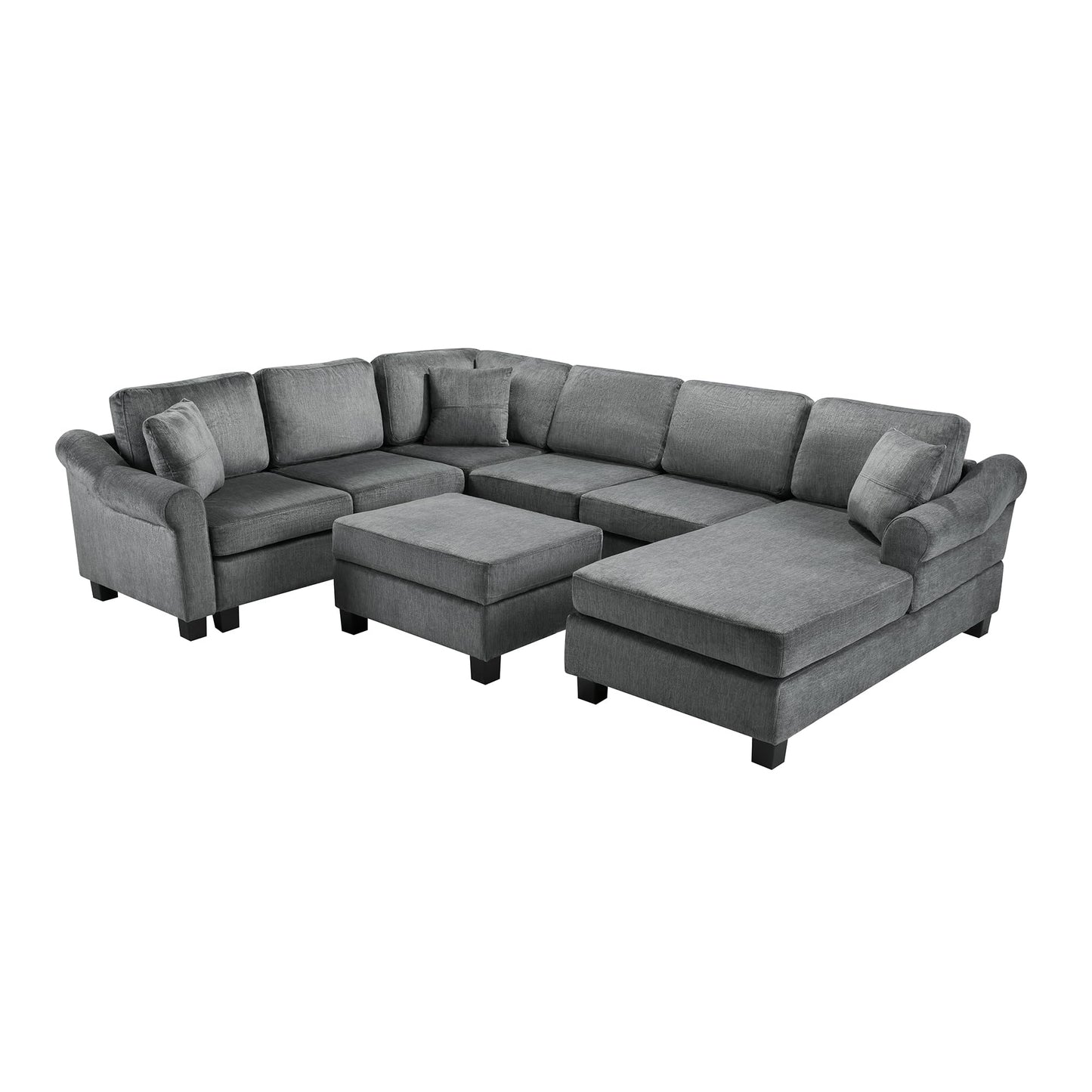 ERYE 112-Inch U-Shaped Sectional Sofa with Movable Storage Ottoman, Oversized Chenille Upholstered Corner Modular Sofa Couch W/Right Facing Chaise Lounge and 3 Toss Pillows