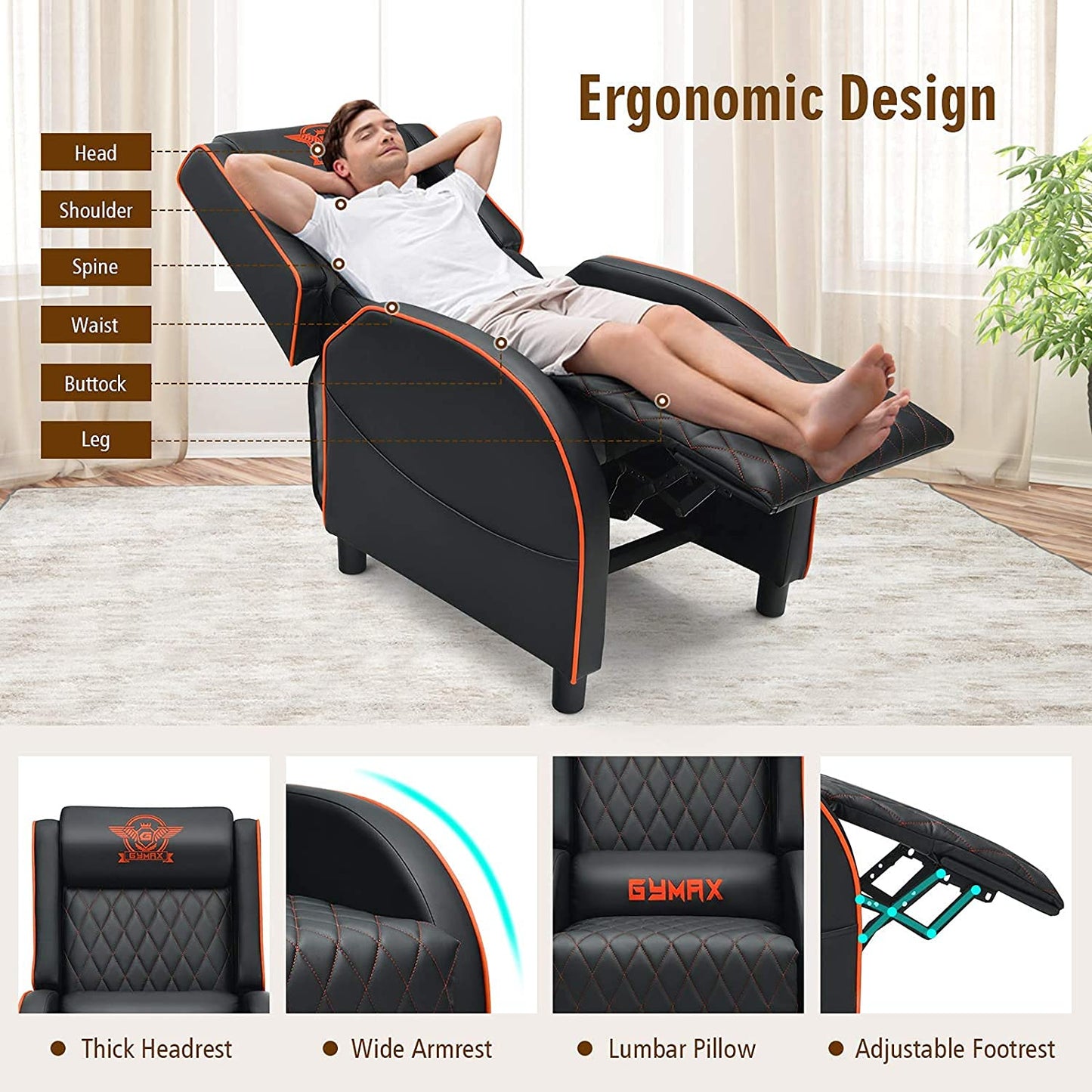 CHEFJOY Massage Gaming Recliner Chair, PU Ergonomic Single Sofa w/Headrest, Lumbar Support, Racing Style Reclining Home Theater Seating for Living Bedroom Gaming Room (Orange)