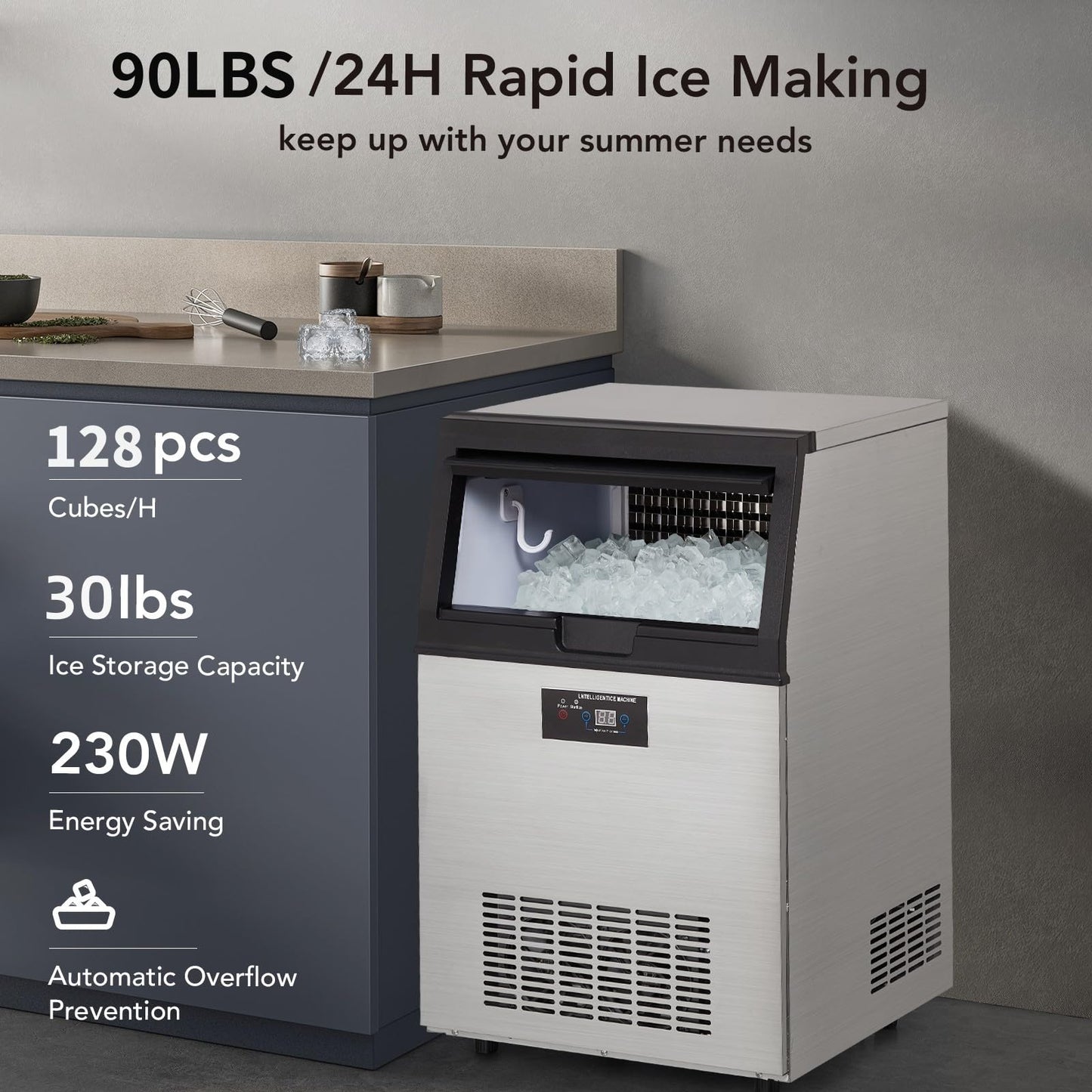 Garveehome Commercial Ice Maker Machine Stainless Steel Under Counter Ice Machine with Ice Storage Capacity, Ice Cube Adjustment, Freestanding Ice Maker, 90 LBS/24H, (5 * 8 Ice Cube)