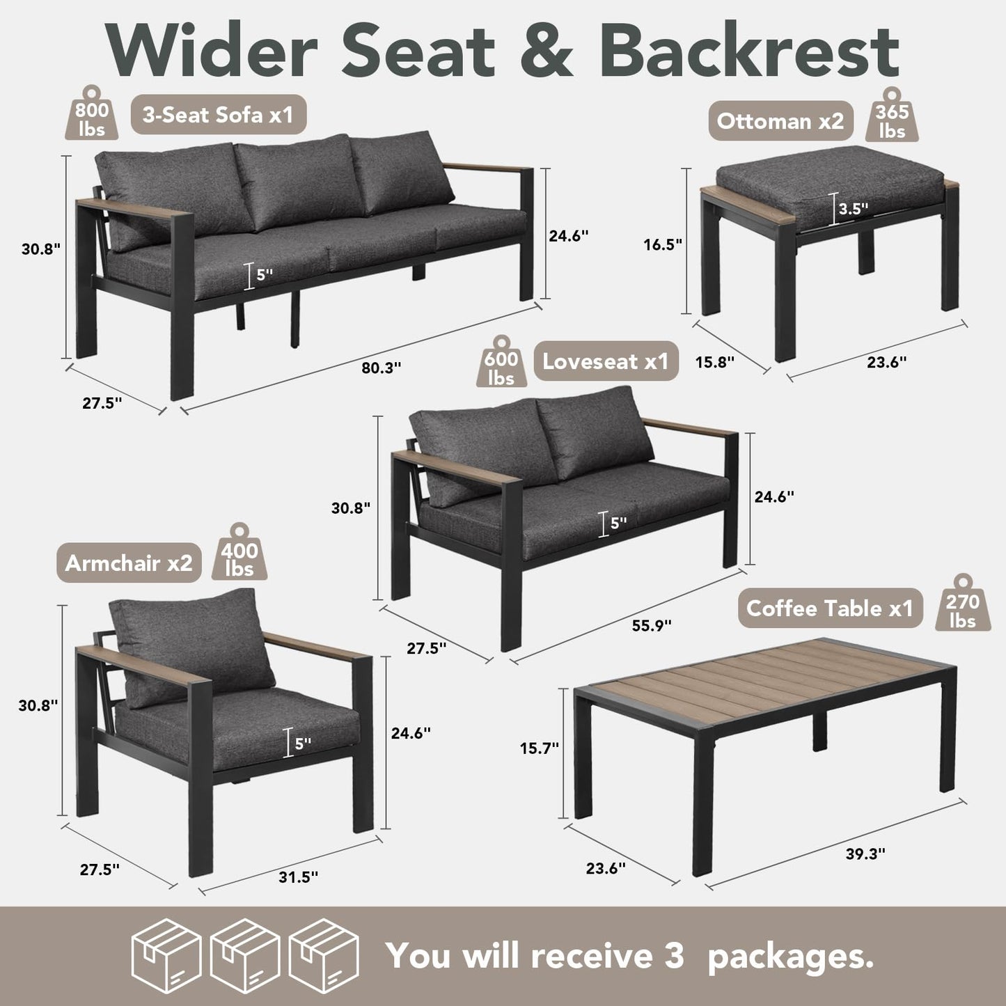 ADRERIC Patio Furniture Set 9 Seats and Coffee Table, 7 Pieces Patio Conversation Set with Thick Cushion, Ottomans, Deluxe Aluminum Modern Outside Sectional for Porch, Balcony, Deck, Yard, Dark Gray