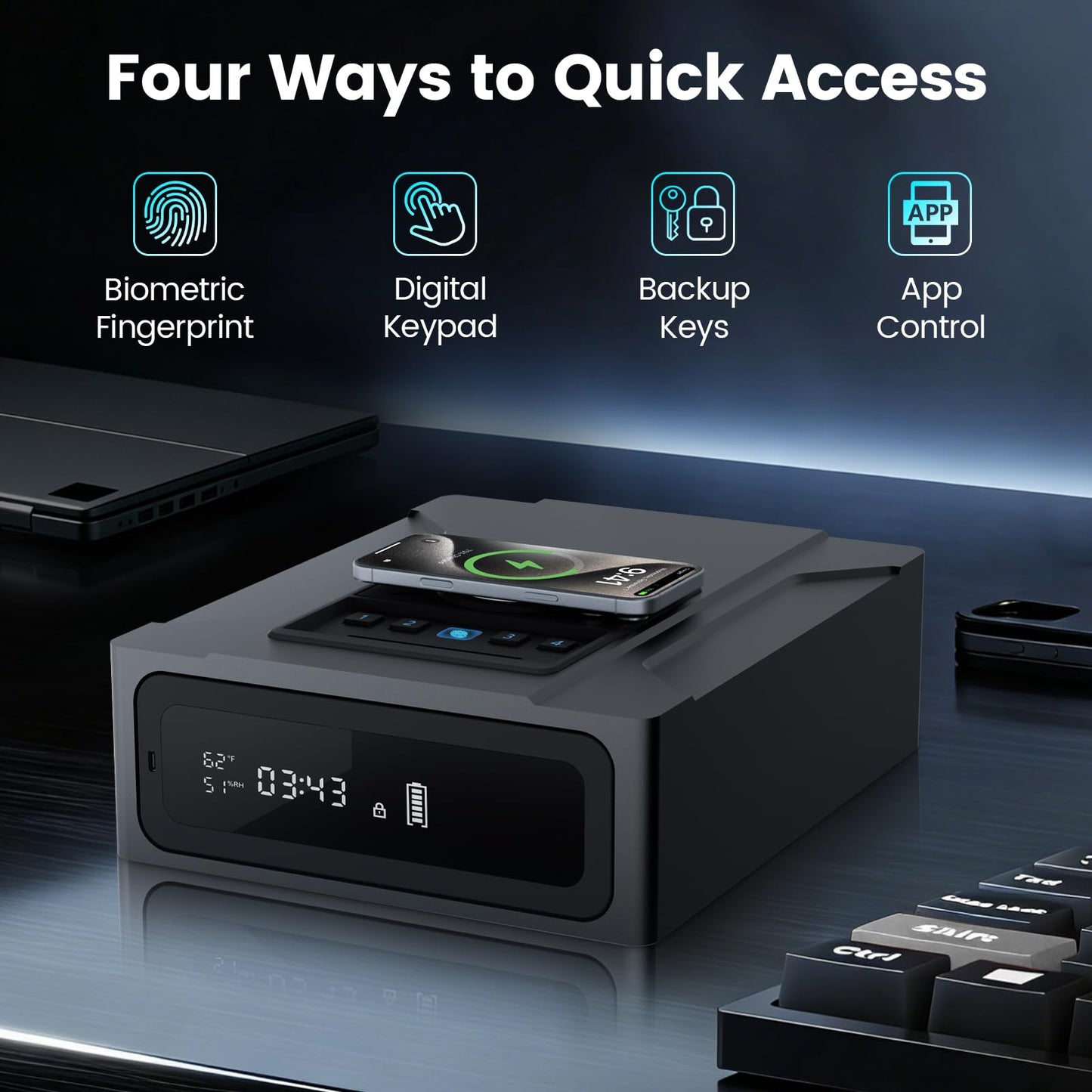 XDeer Smart Biometric Gun Safe for Handgun, 4 Ways Quick Access Fingerprint Gun Safes,Bluetooth App Control, Nightstand Smart Safes Box with Wireless Charging for Phone, Gun Safe Alarm Clock 1pcs