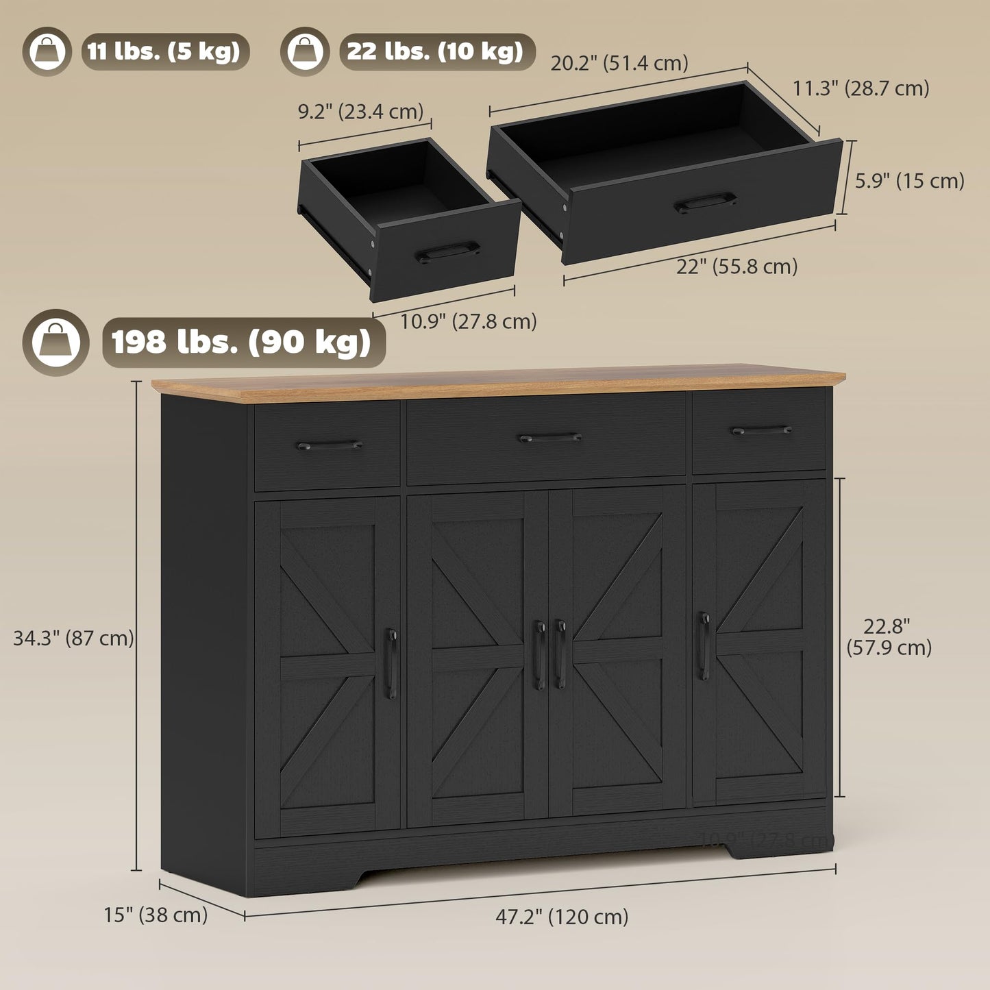 HOMCOM 47" Sideboard Buffet Cabinet, Farmhouse Credenza with Soft-Close Hinges, Coffee Bar Cabinet with Spice Racks, 3 Drawers and 3 Adjustable Shelves, Black