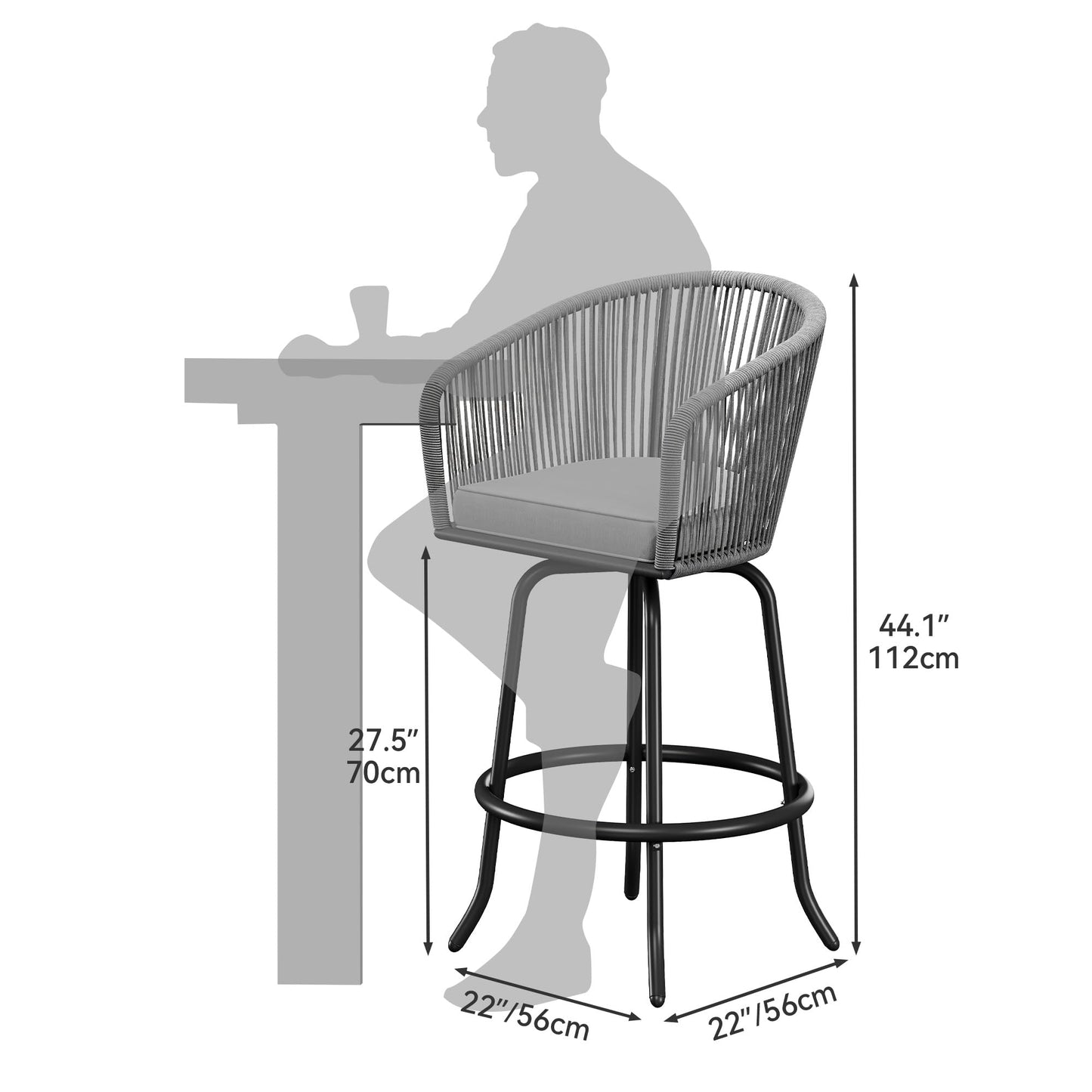 YITAHOME 27" Bar Stools Set of 4 with Arms & Cushions, 360° Swivel Outdoor Bar Stools, All Weather Counter Height Bar Stools Set of 4 with Curved Back for Backyard, Kitchen Island, Dining Room, Gray