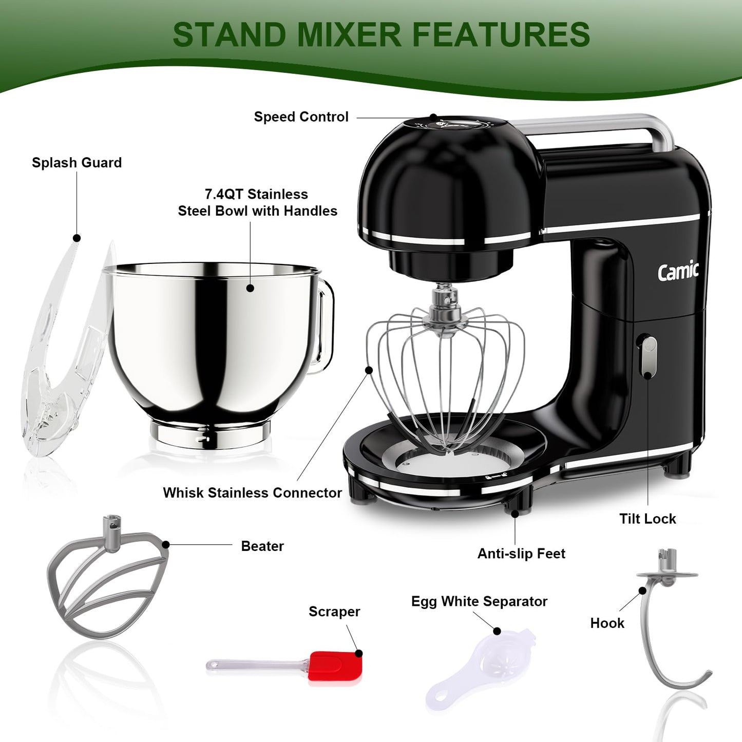 Camic Electric Stand Mixer,7.45 QT,10 Speeds with Dough Hook,Whisk, Flat Beater Attachments, Splash Guard, Easy-Carry Top Handle,3-IN-1 Kitchen Mixer for Baking Cakes Cookie Bread Salad (Black)