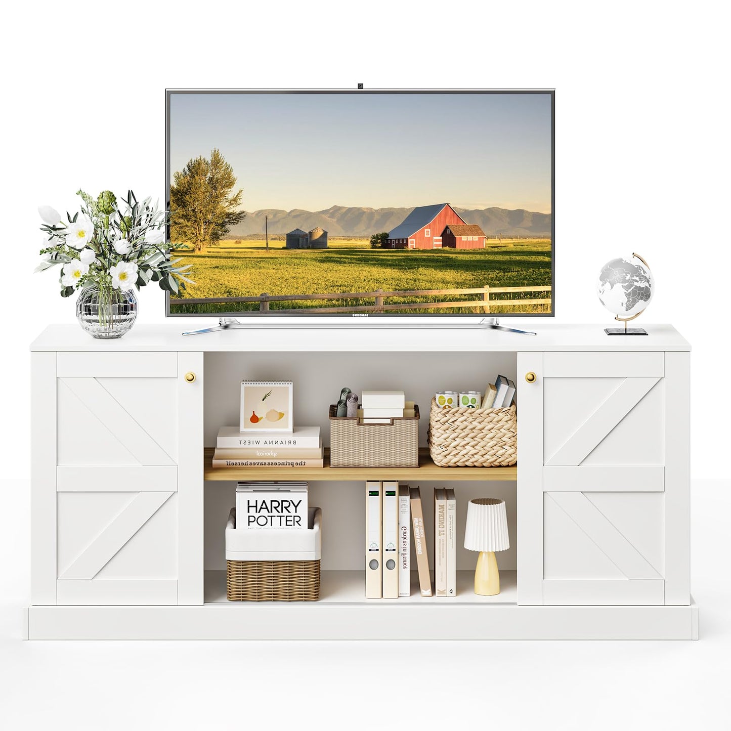 ivaniti 3-Piece Farmhouse Entertainment Center Wall Unit, White TV Stand with 2 Tall Bookcases, 61.8" Media Console with Sliding Barn Doors, 71" Bookshelves with Glass Doors and Adjustable Shelves