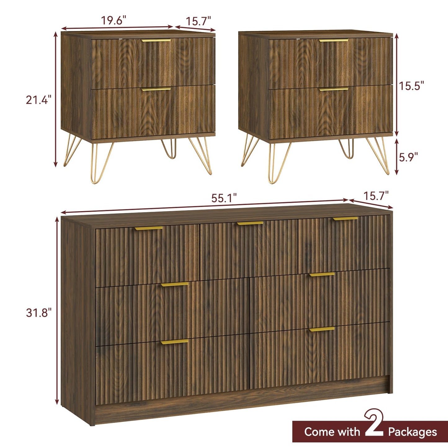 Sscaktu 7 Drawer Dresser and Nightstand Sets for Bedroom, 3 Pcs Bedroom Set，Night Stand Set of 2 & 7 Drawer Dresser with Gold Handles, Wood Chest of Drawers Mid Century Storage Cabinet Set, Natural