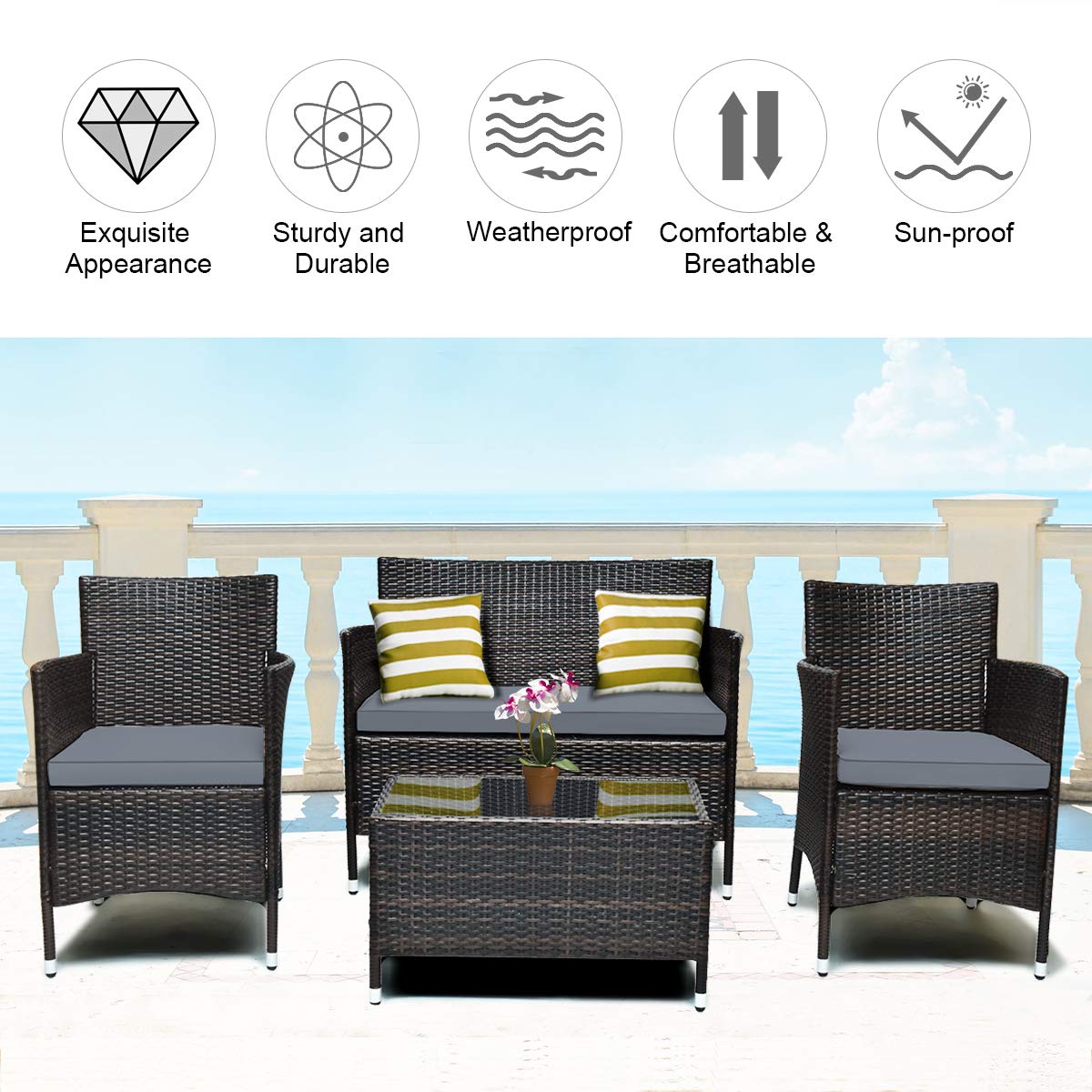 Tangkula 4 PCS Patio Rattan Conversation Set, Outdoor Wicker Furniture Set with Tempered Glass Coffee Table &Thick Cushion, Rattan Chair Wicker Set for Garden, Lawn, Poolside and Backyard (1, Gray)
