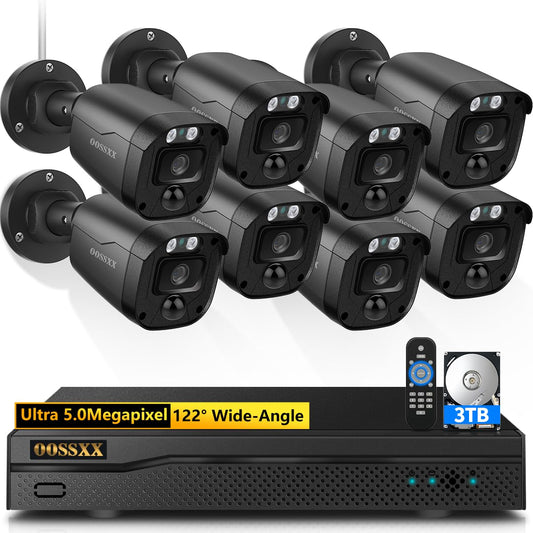 3K 5MP Wired CCTV Security Camera System with 122° Ultra Wide Angle, 8CH HD DVR Kit, 8X IP66 Indoor Outdoor Cameras, 65ft IR Night Vision, Free App, No Subscription Fee, Remote Access