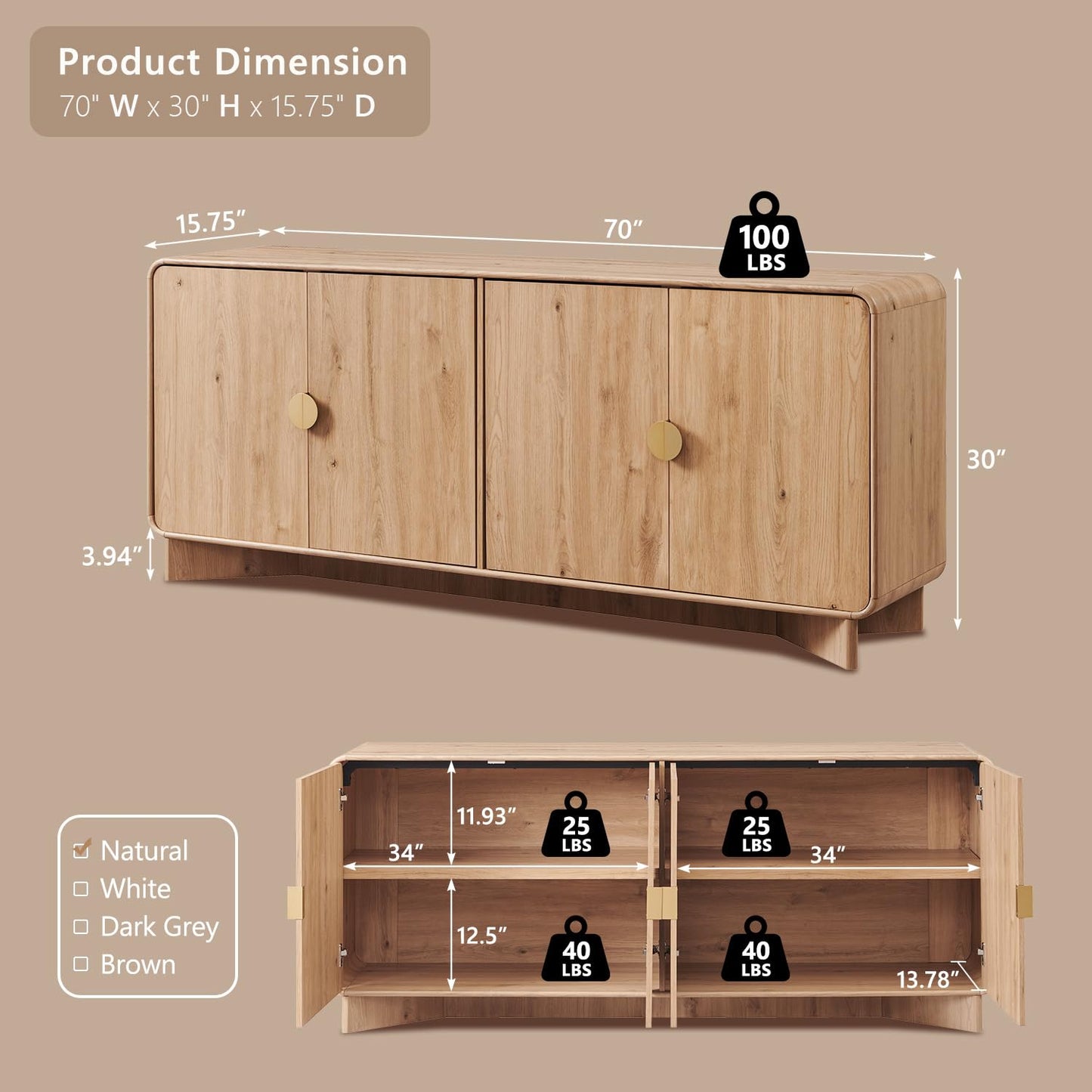 IFGET 70" Modern TV Stand for TVs Up to 80 inches, 30" Tall Entertainment Center with Storage and Adjustable Shelves, TV Console with Curved Profile Design, Media Console for Living Room, Natural Oak