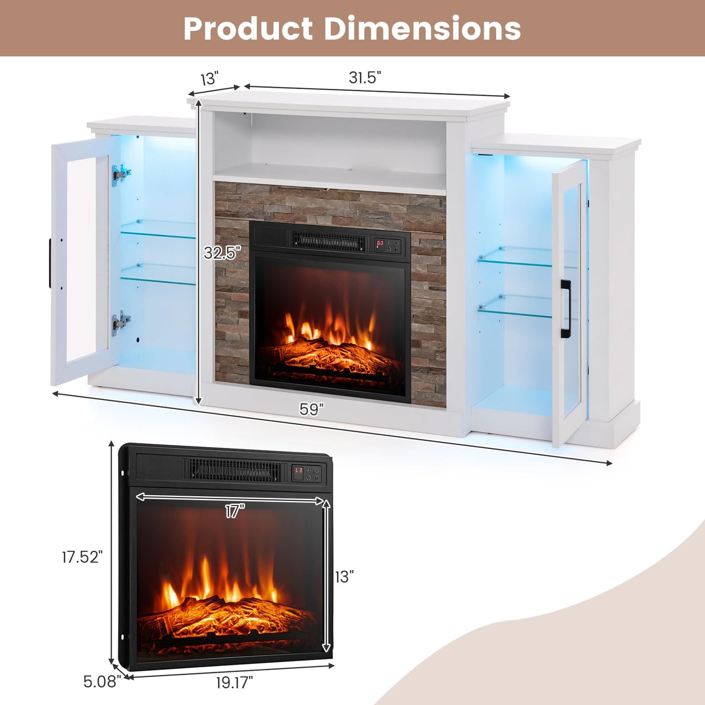 Tangkula Electric Fireplace TV Stand, Electric Fireplace Mantel with 16-Color Led Lights, Adjustable Glass Shelves, Remote & Smart APP Control, TV Console for Living Room