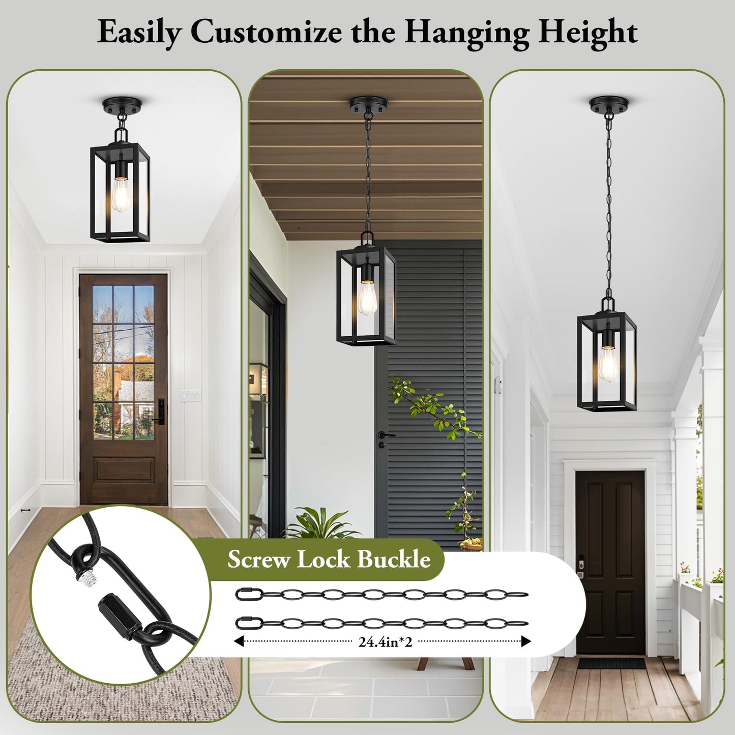 BesLowe Outdoor Pendant Light, 13·Black Metal Hanging Lantern, Adjustable Chain, Model D05088P
