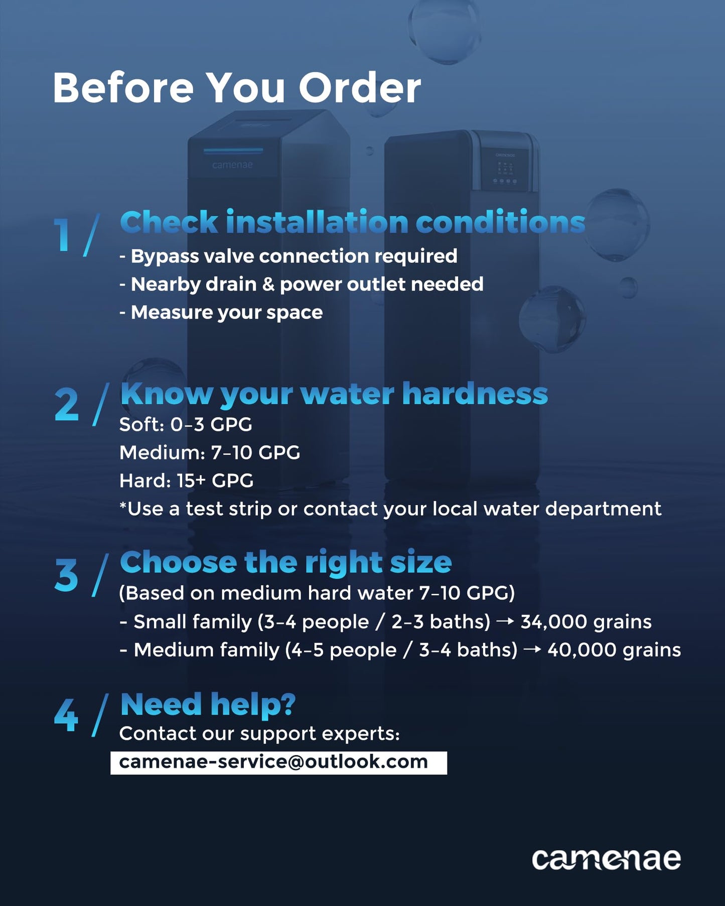 Camenae Water Softener System, 34,000 Grain Whole House Water Softener for 4–5 People, Digital Display, Up-Flow Regeneration, Vacation Mode & Easy Salt Access, CS21H-0935