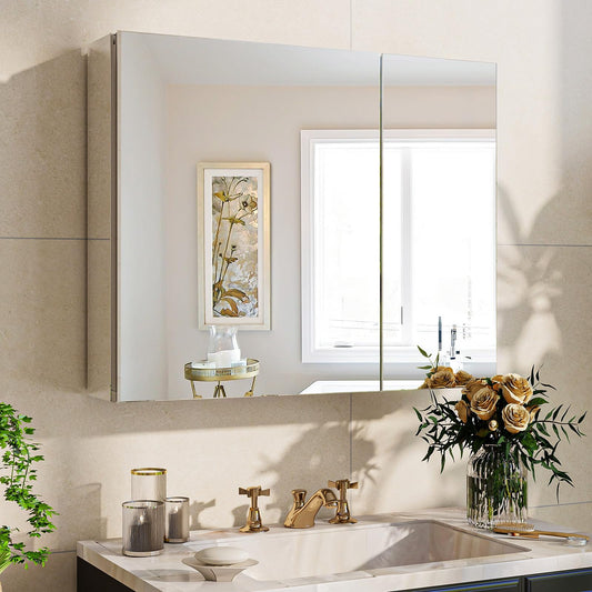 BEAUTYPEAK Bathroom Medicine Cabinet Mirror with Storage, 30 Inch x 24 Inch Silver Medicine Cabinet with Double Door & Adjustable Shelves for Vanity, Tempered, Aluminum Surface, Wall-mount or Recessed